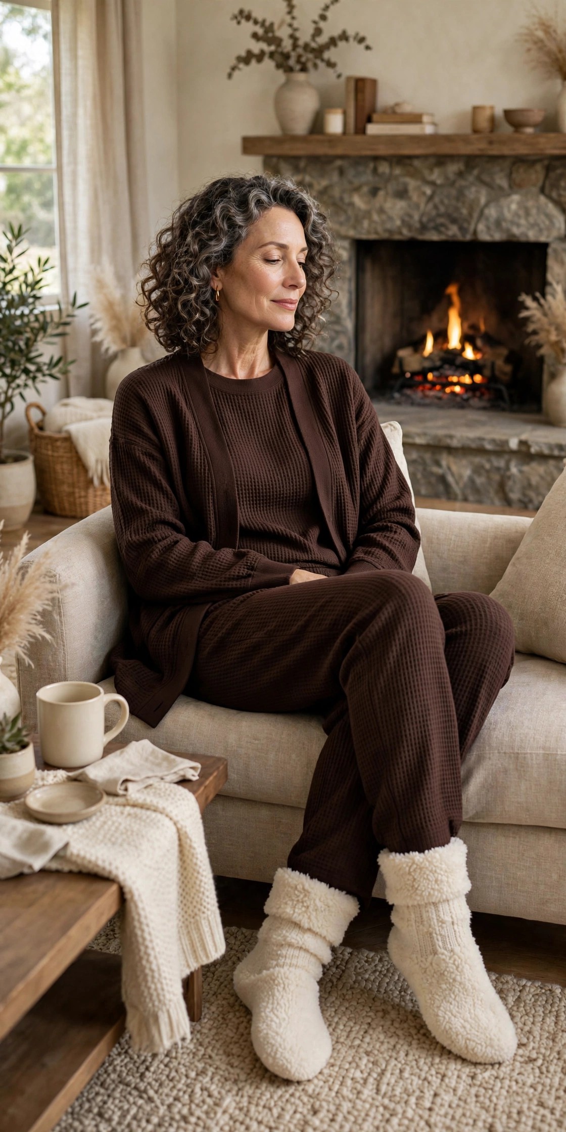Woman over 50 in waffle-knit lounge set with fuzzy socks by fireplace