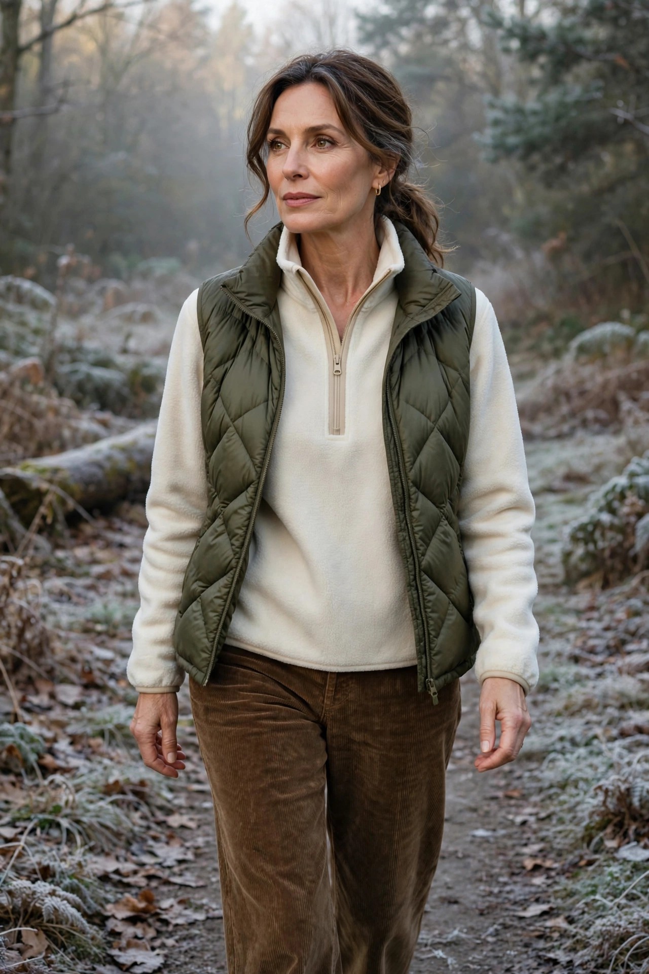 Woman over 50 in fleece quarter-zip with puffer vest and corduroys