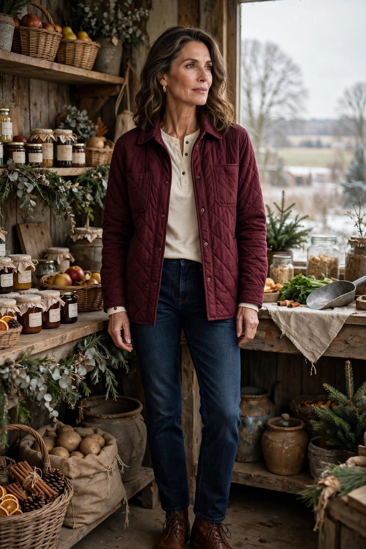 Woman over 50 in quilted flannel shacket with henley and jeans