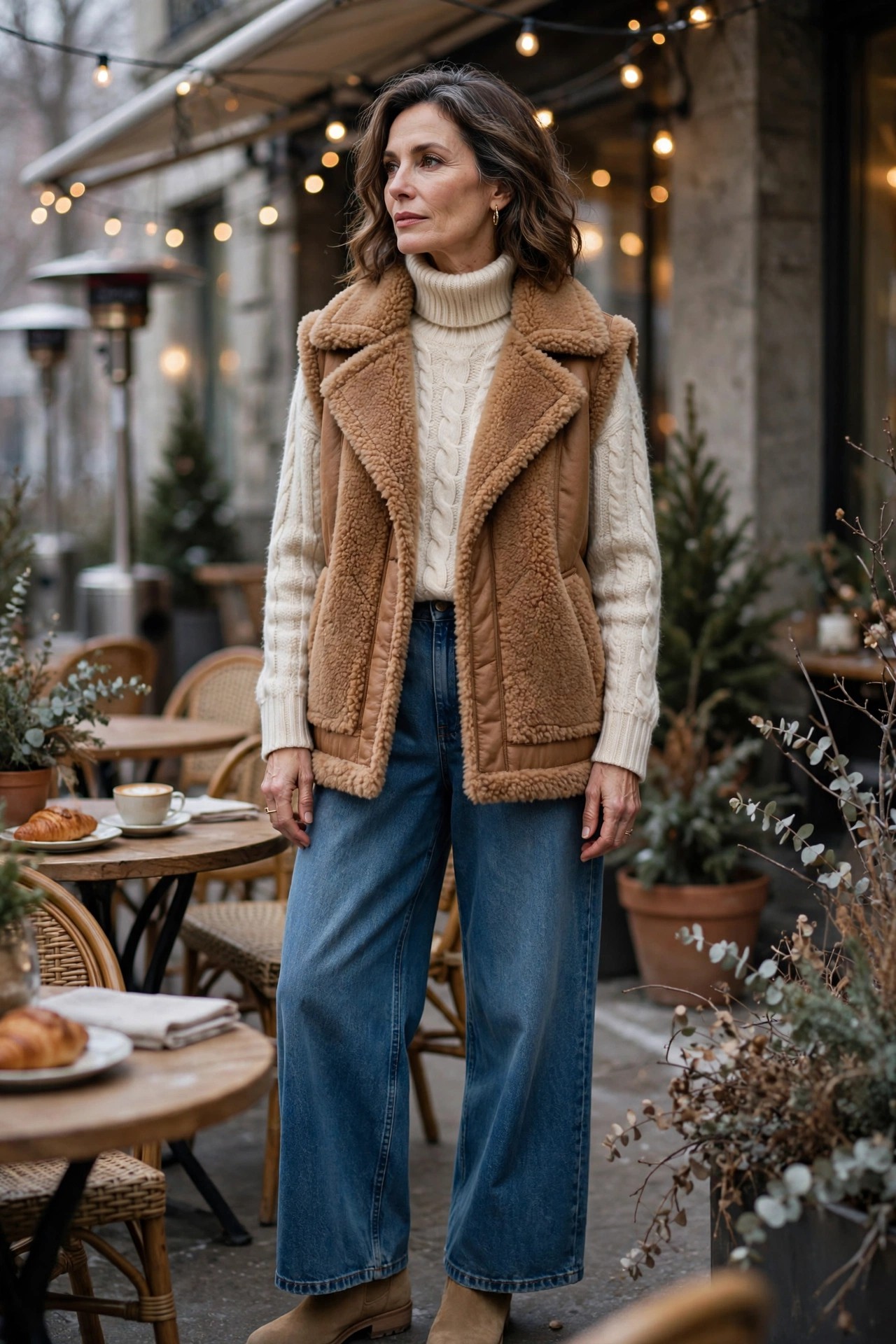 Woman over 50 in faux-shearling vest with cable turtleneck and wide-leg jeans