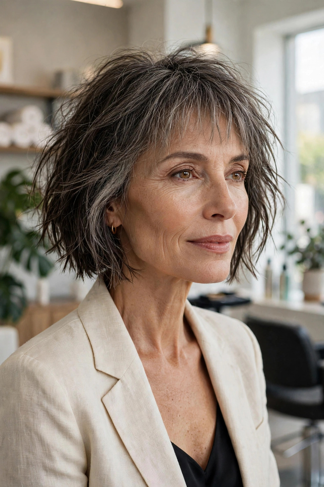 Elegant woman in her 50s with choppy chin bob and airy baby bangs