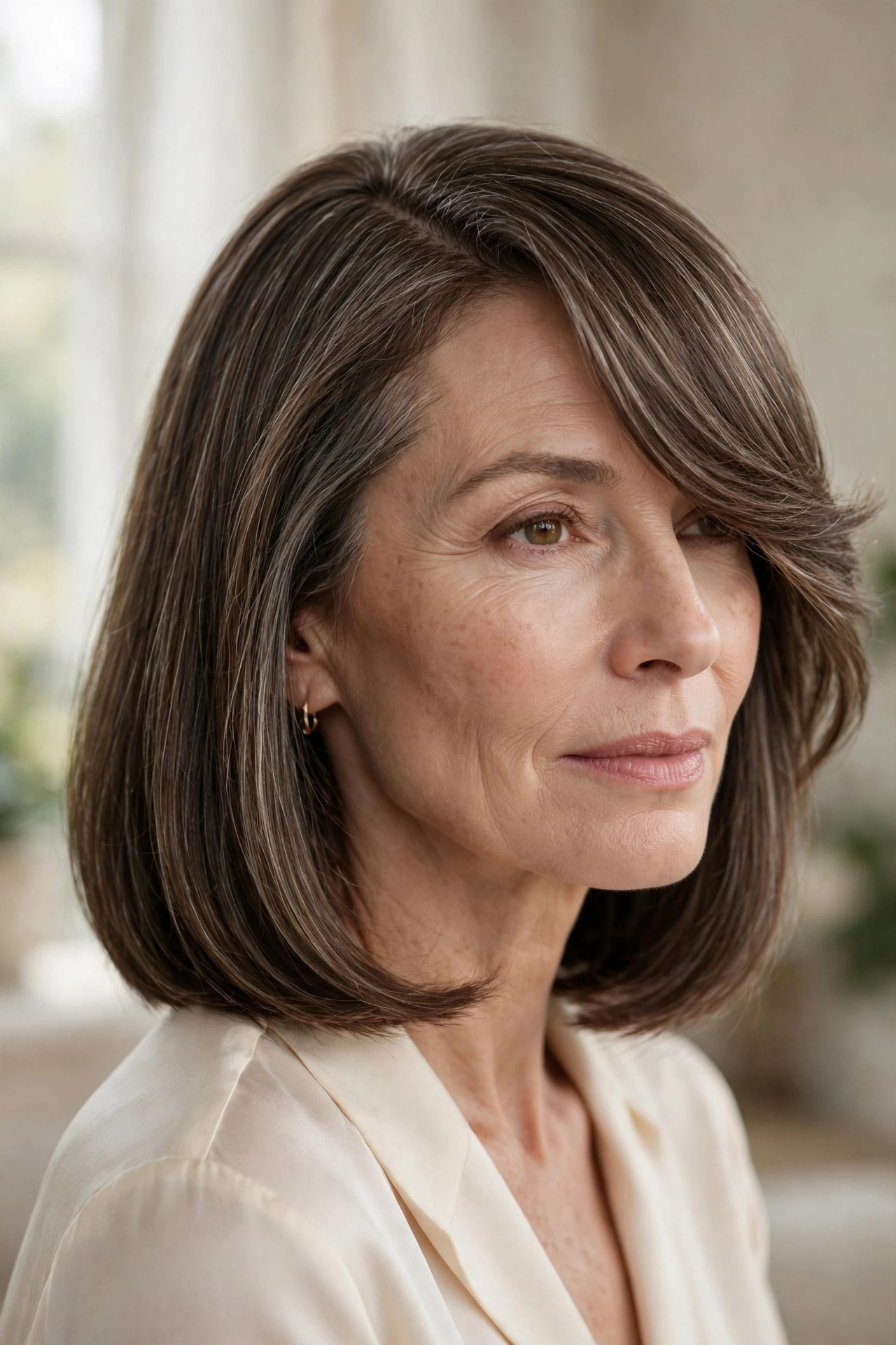 Elegant woman in her 50s with sleek lob and sweeping side bangs