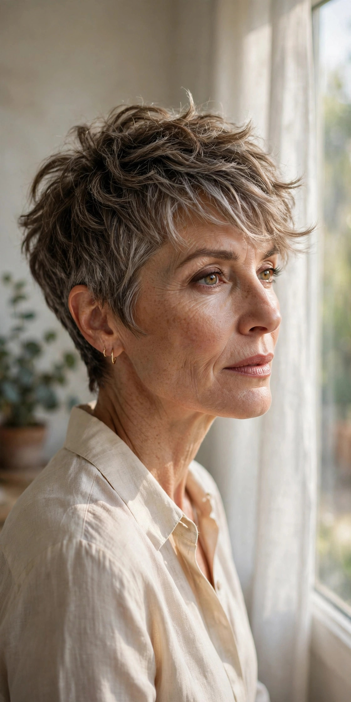 Elegant woman in her 50s with textured pixie and feathered fringe