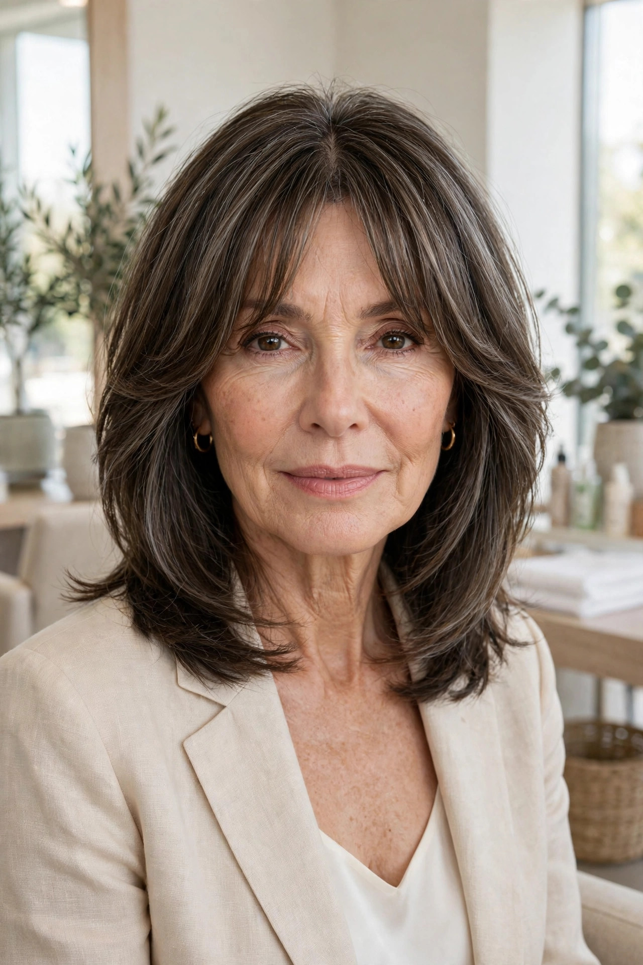Elegant woman in her 50s with layered hair and curtain bangs