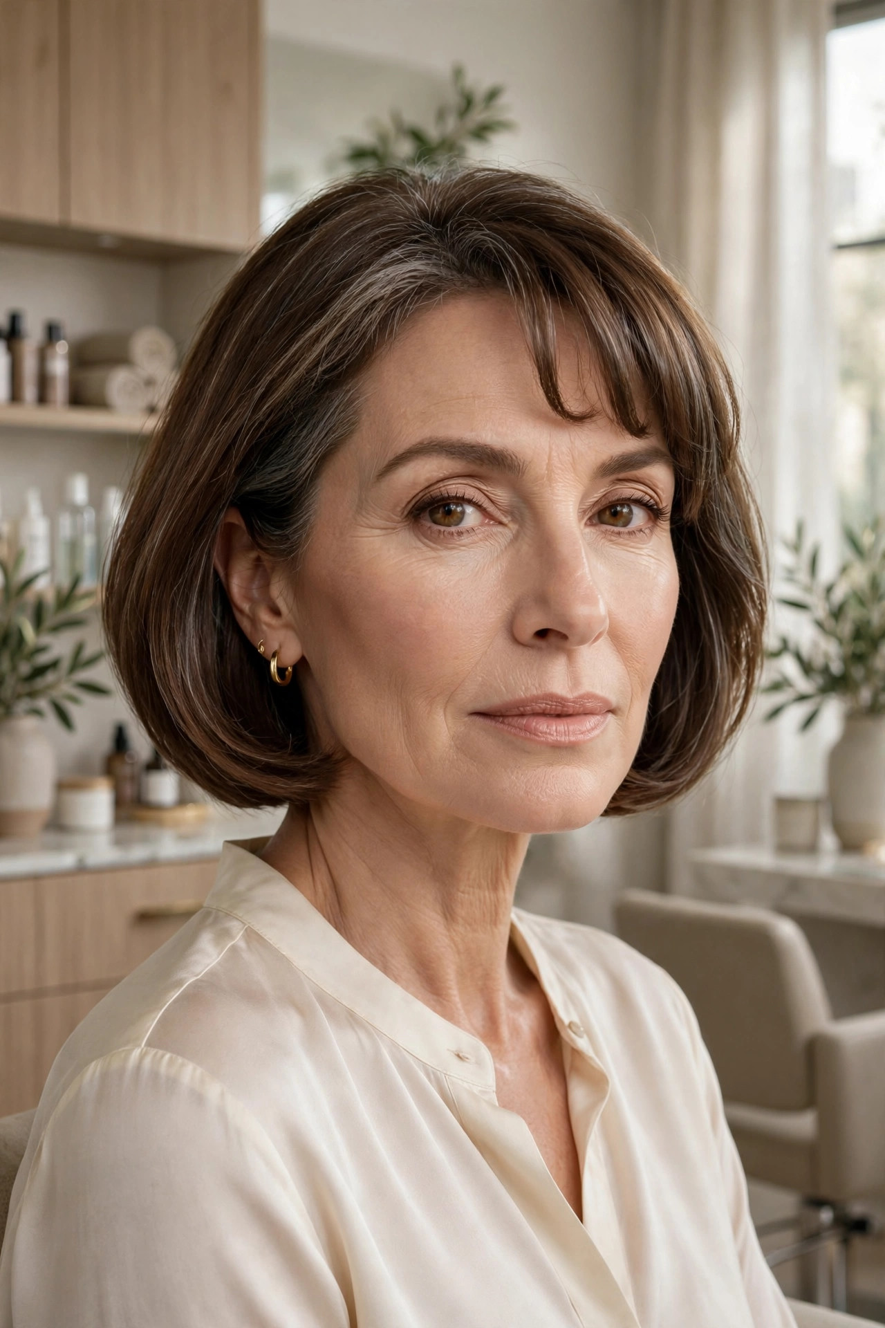 Elegant woman in her 50s with rounded bob and arched bangs