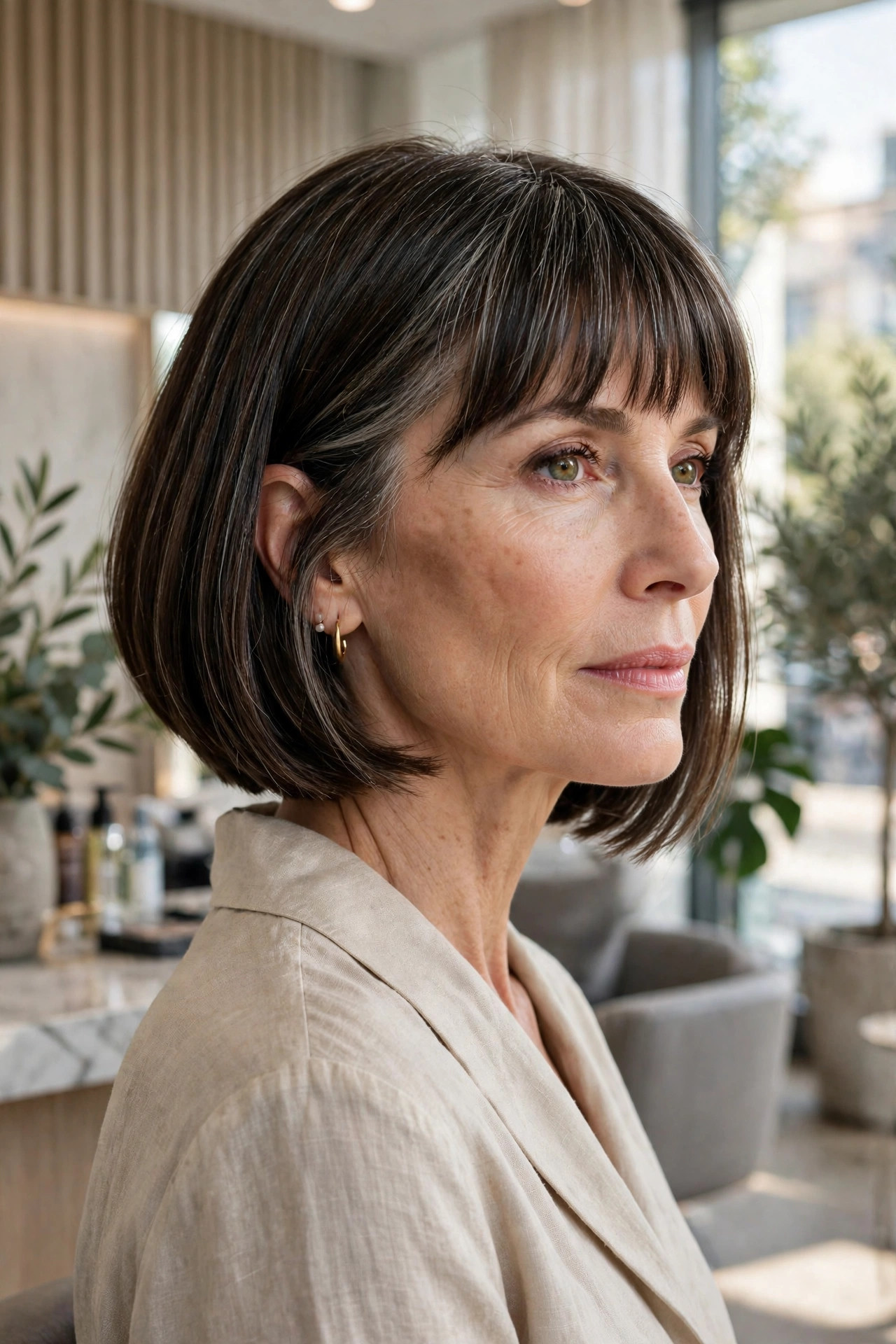 Elegant woman in her 50s with A-line bob and eyebrow-grazing bangs