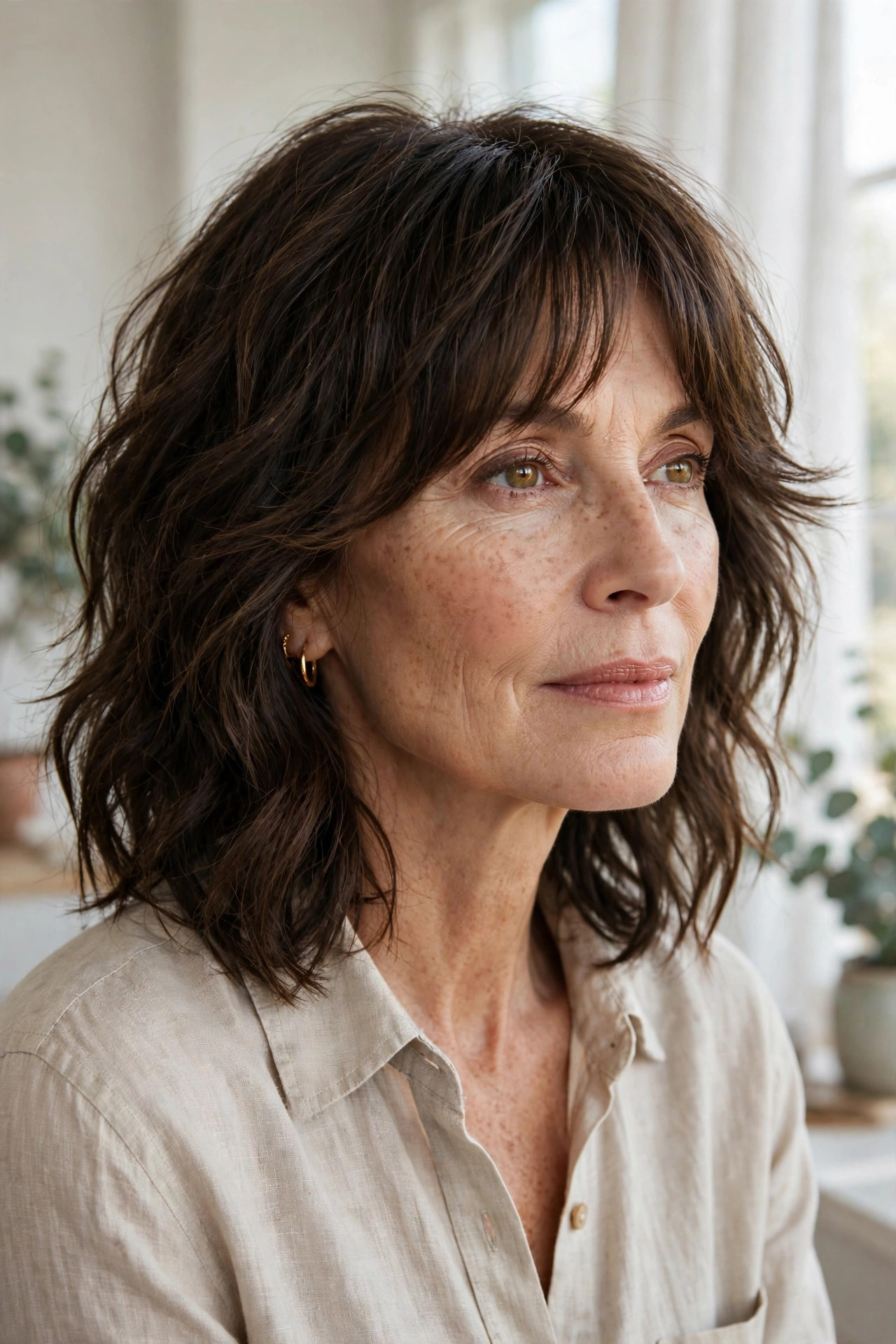 Elegant woman in her 50s with wavy shag and bottleneck bangs