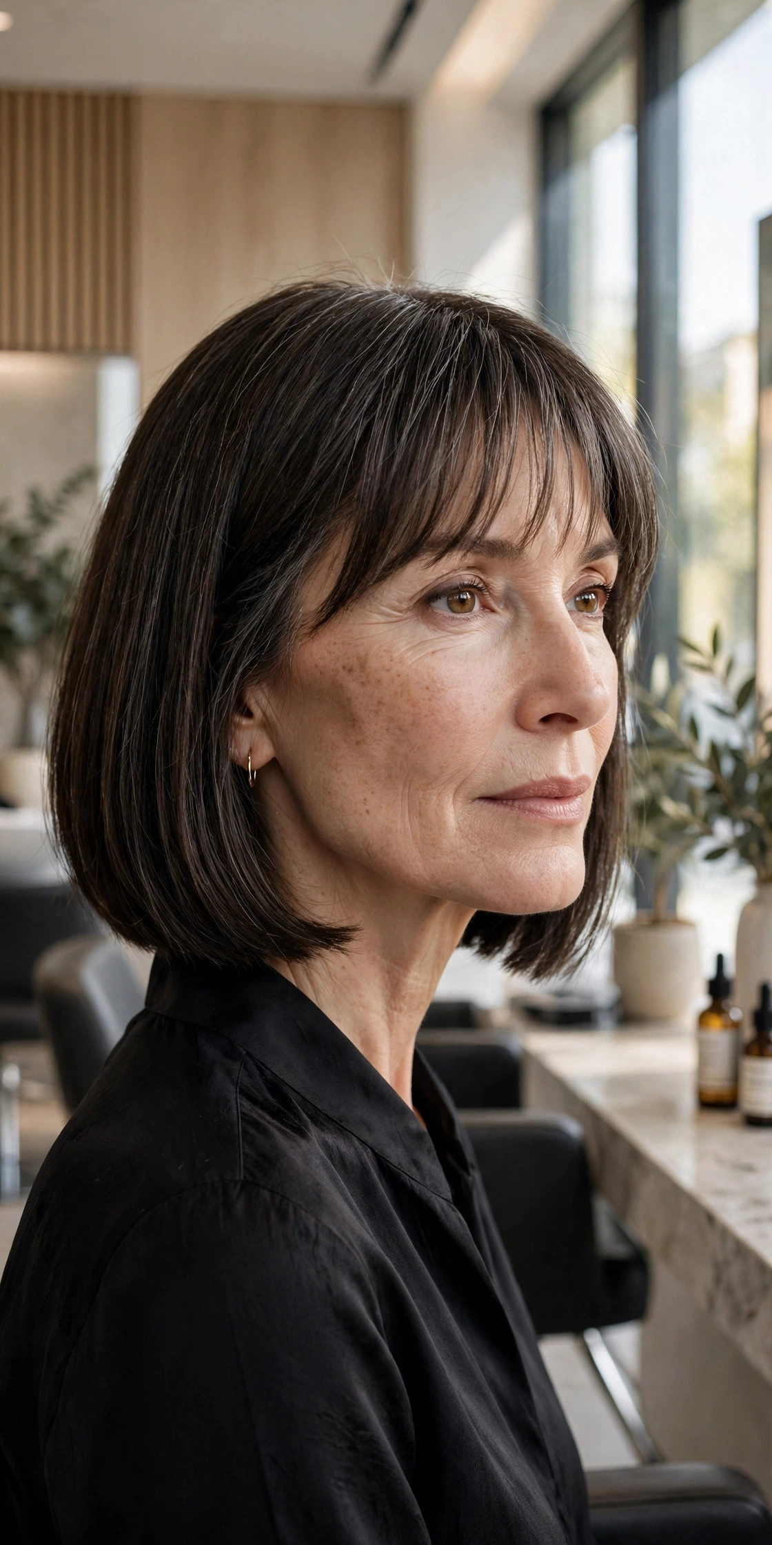 Elegant woman in her 50s with blunt bob and feathered bangs