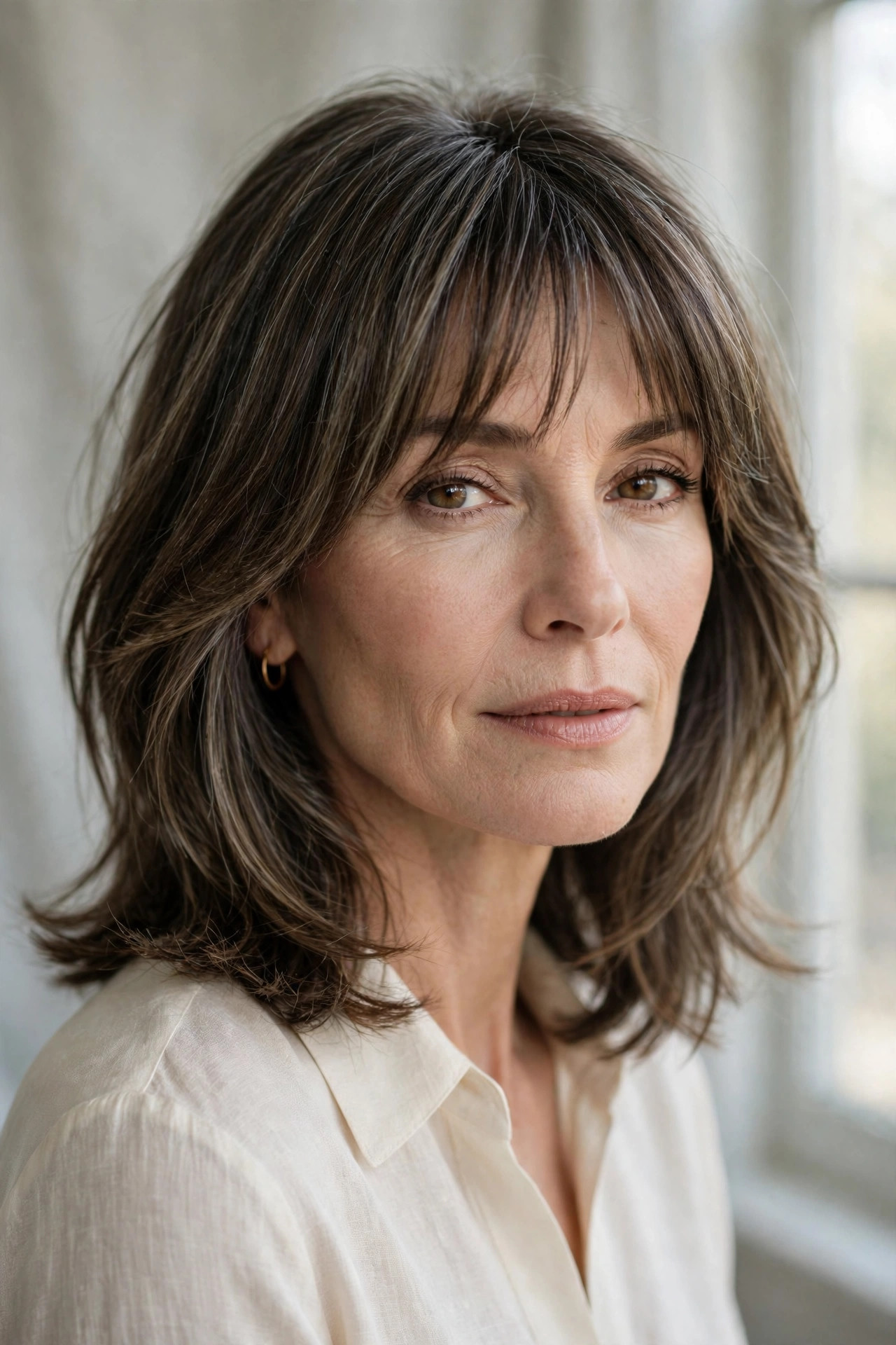 Elegant woman in her 50s with face-framing lob and brow-skimming fringe