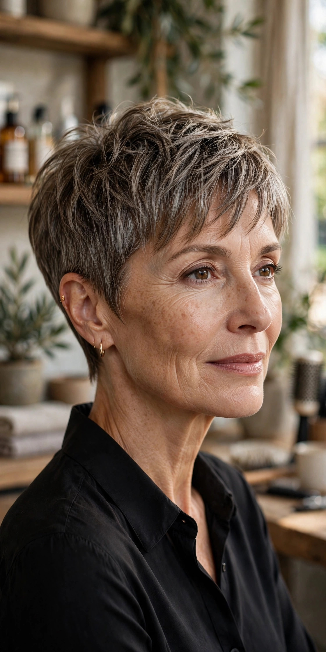 Elegant woman in her 50s with tapered pixie and piecey bangs