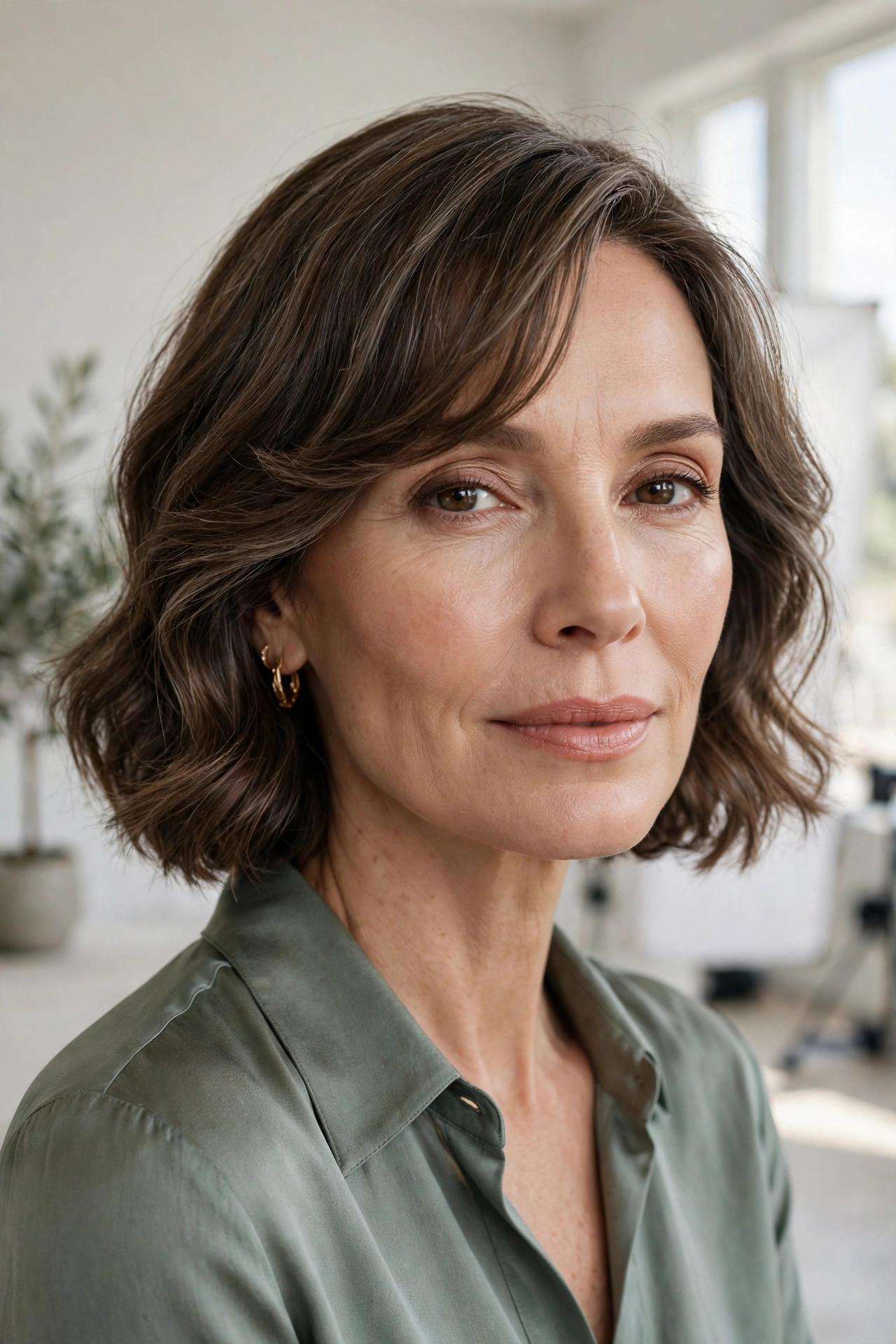 Elegant woman in her 50s with wavy bob and side-parted curtain fringe