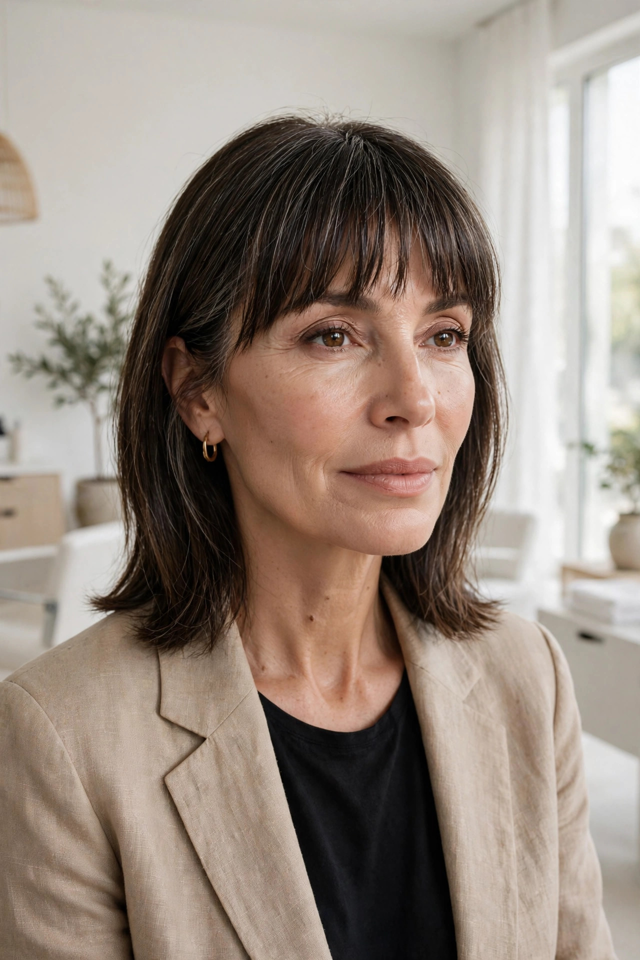 Elegant woman in her 50s with collarbone cut and piecey bangs