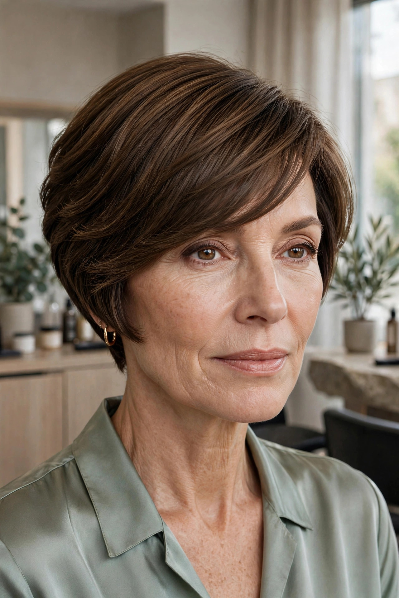 Elegant woman in her 50s with inverted bob and diagonal bangs