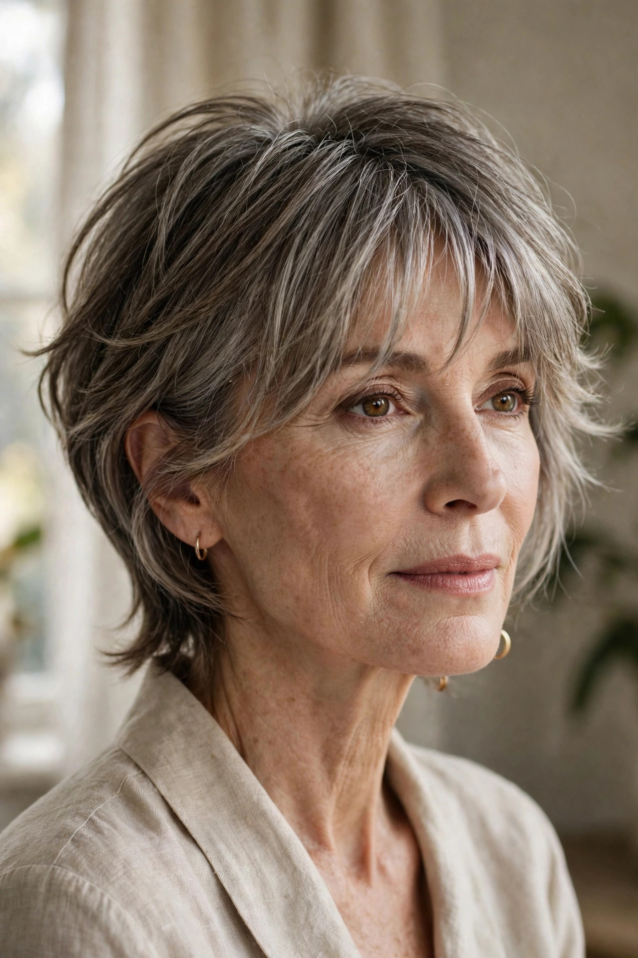 Elegant woman in her 50s with long pixie and wispy curtain fringe