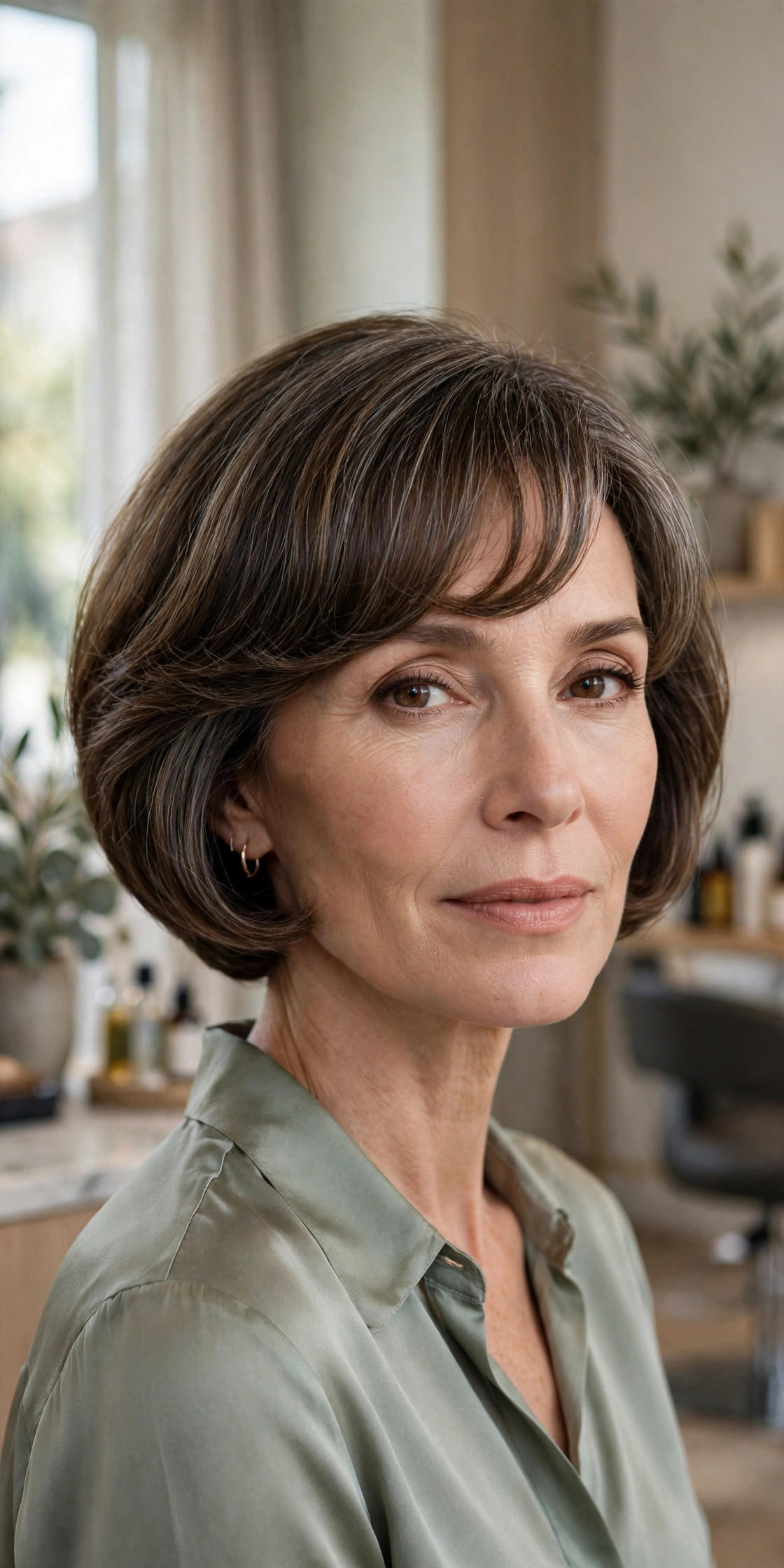 Elegant woman in her 50s with stacked bob and curved fringe
