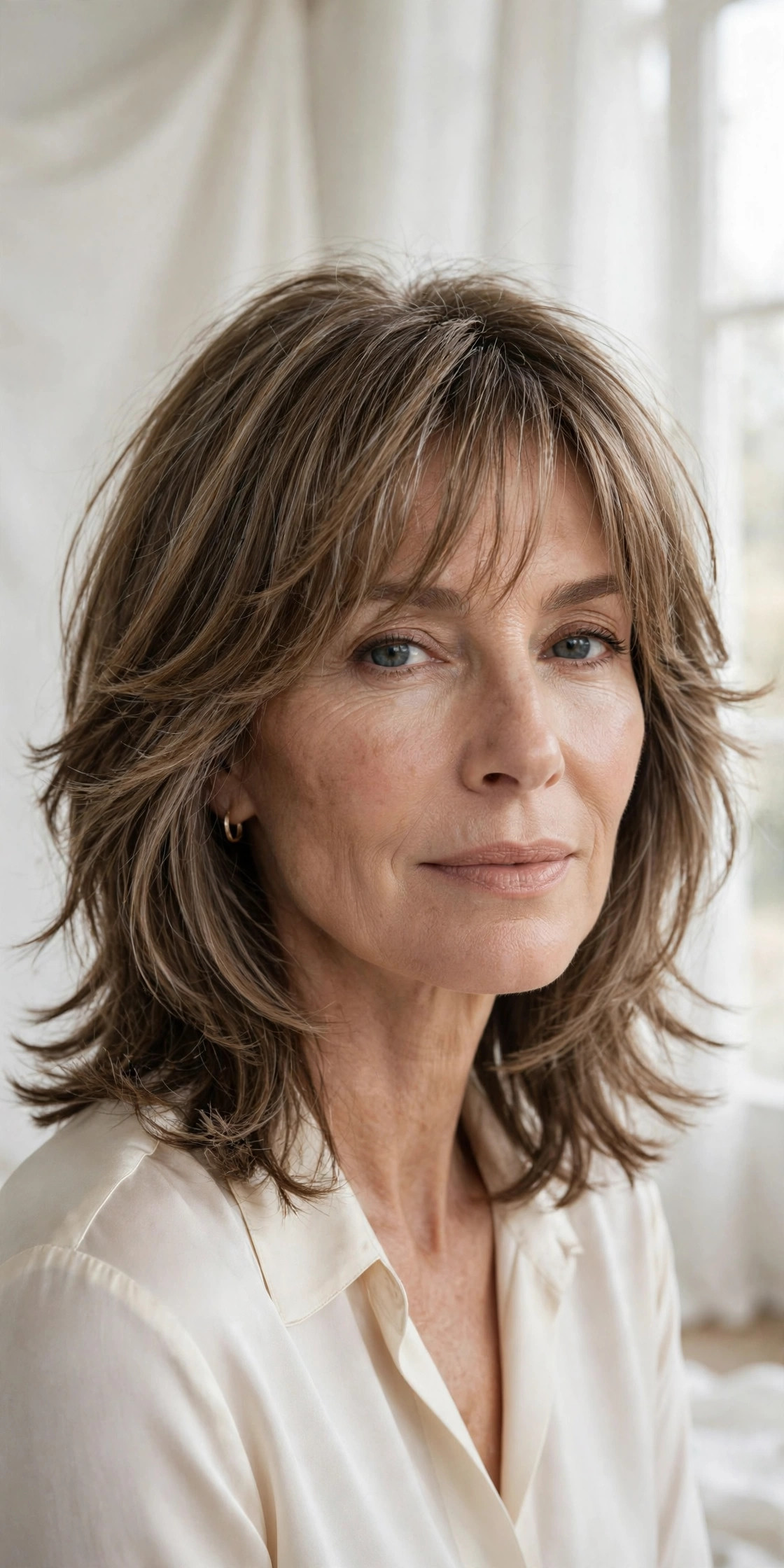 Elegant woman in her 50s with layered lob and wispy bangs