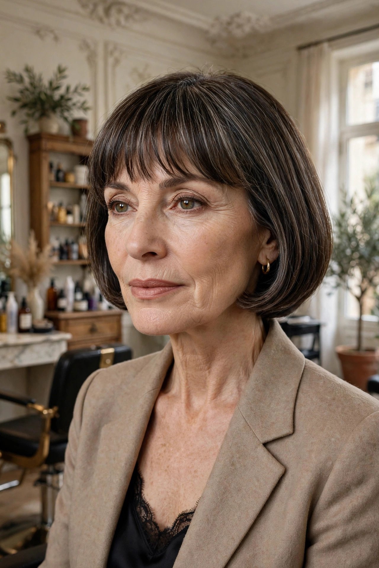 Elegant woman in her 50s with French bob and eyebrow bangs
