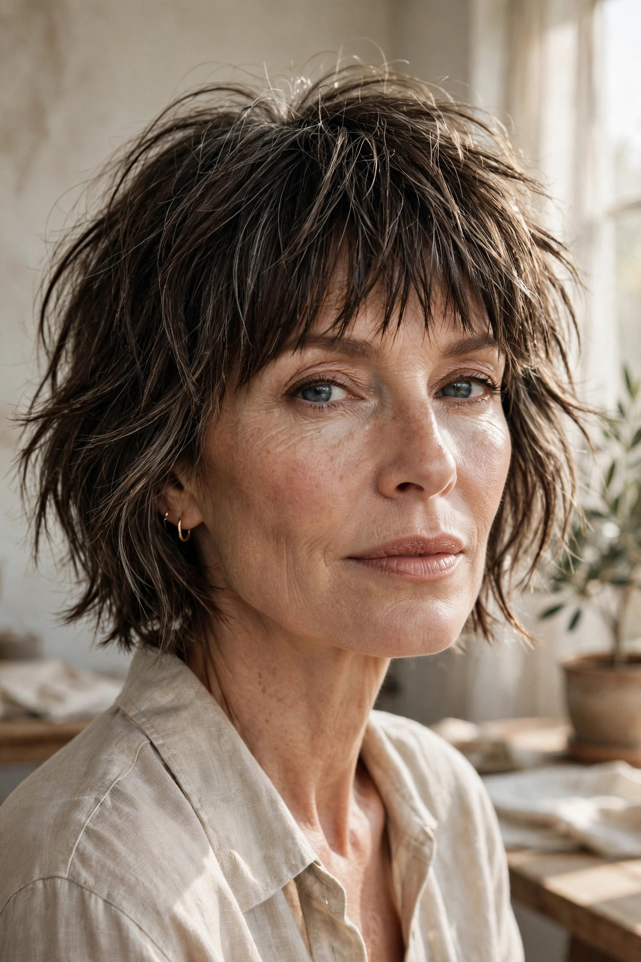 Elegant woman in her 50s with shaggy bob and choppy fringe