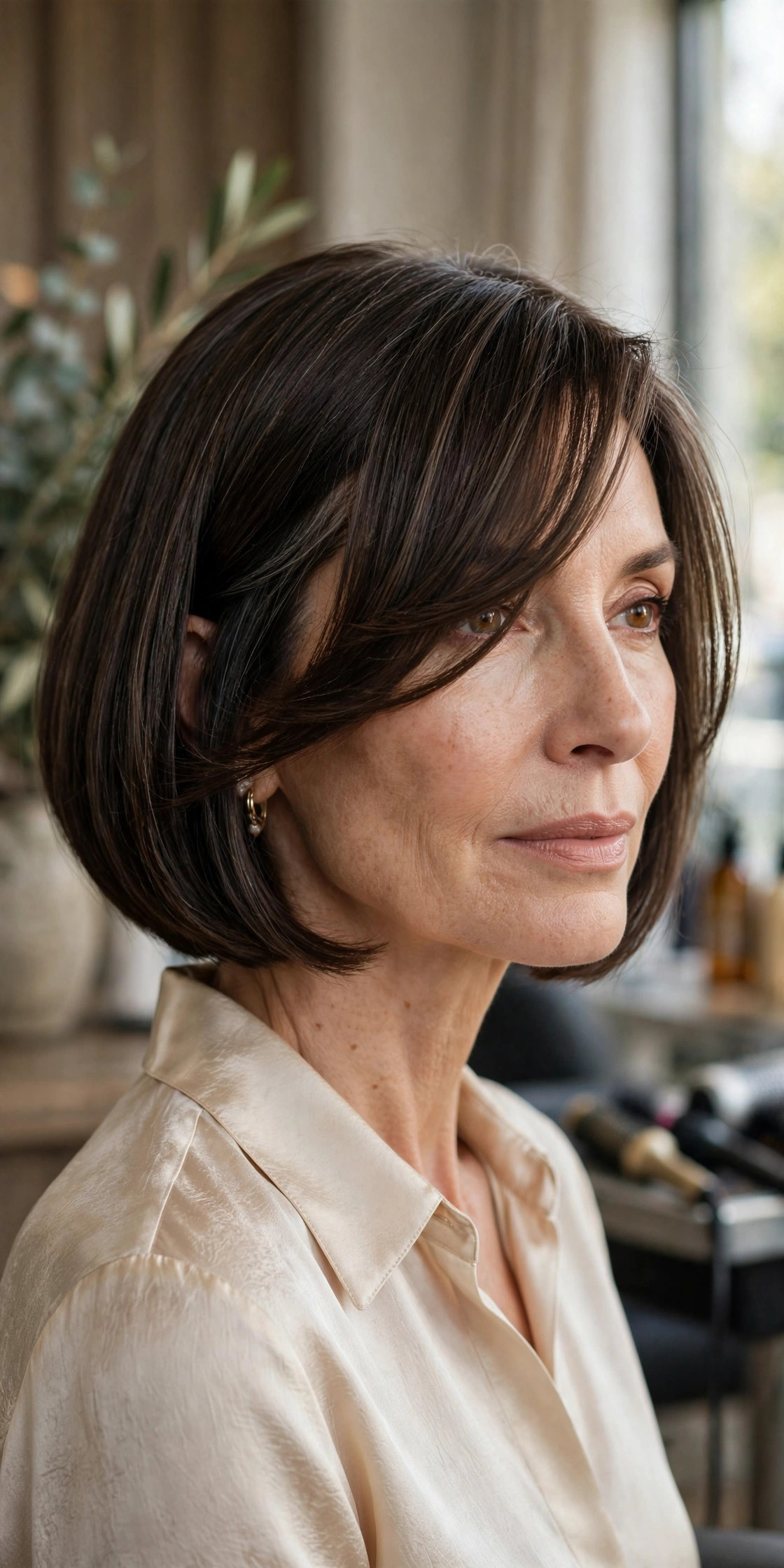 Elegant woman in her 50s with chin bob and deep side-swept bangs