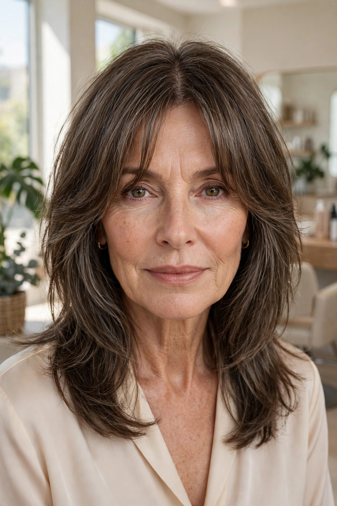 Elegant woman in her 50s with wispy shag and open curtain fringe