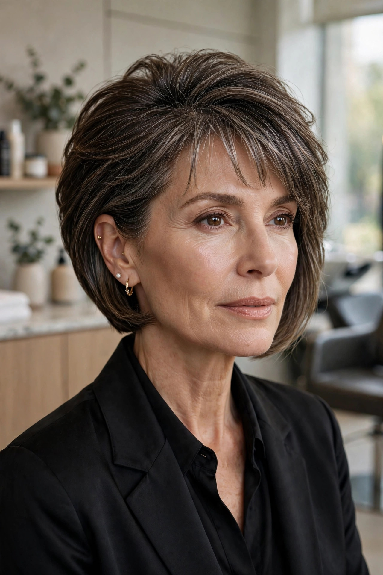 Elegant woman in her 50s with graduated bob and textured fringe