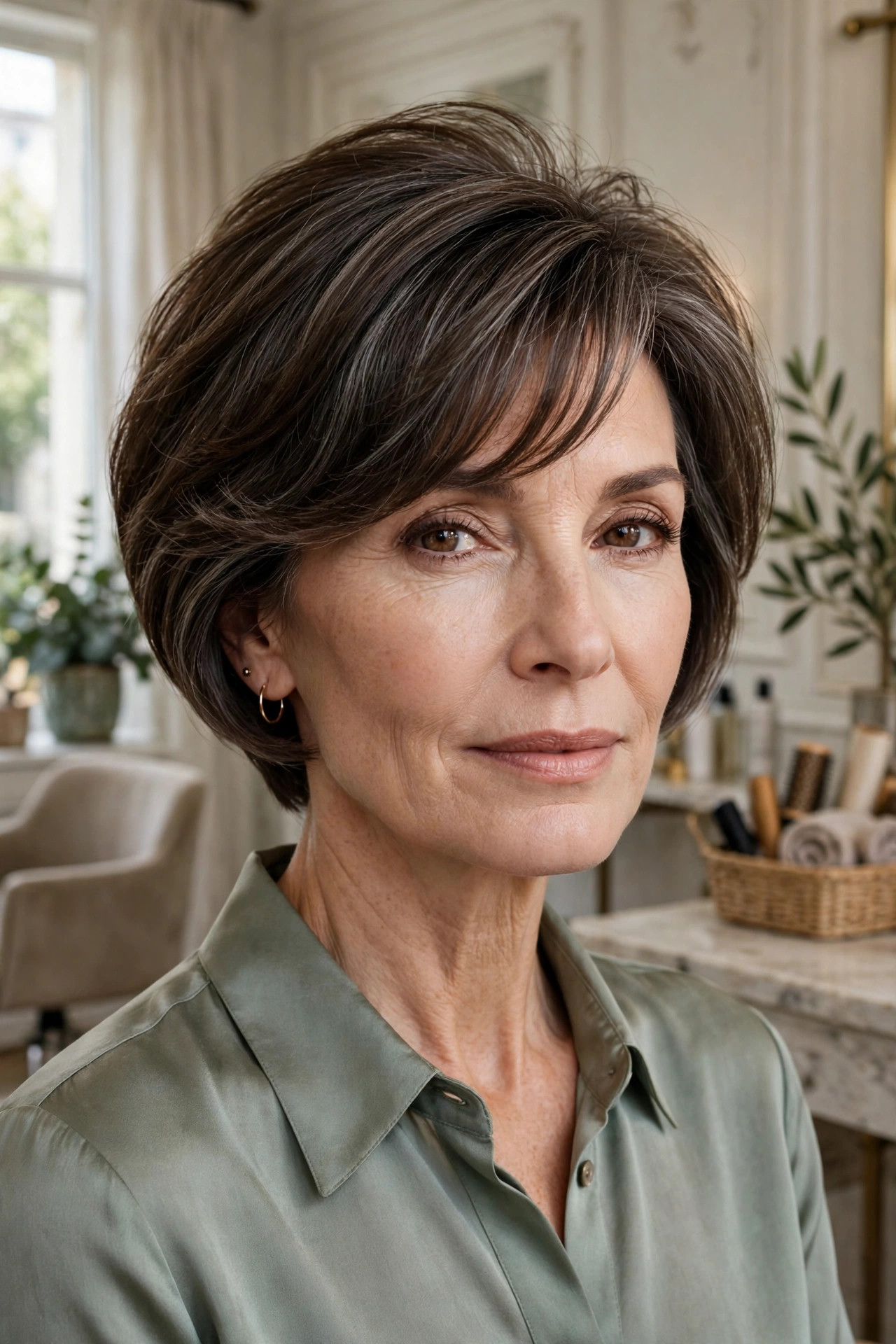 Elegant woman in her 50s with soft wedge cut and swept fringe