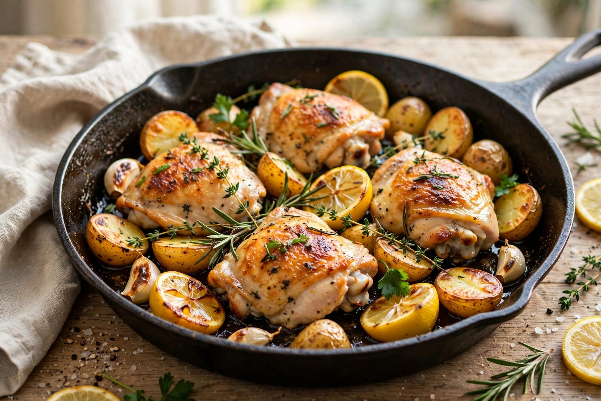 One-pan lemon chicken with roasted potatoes and herbs
