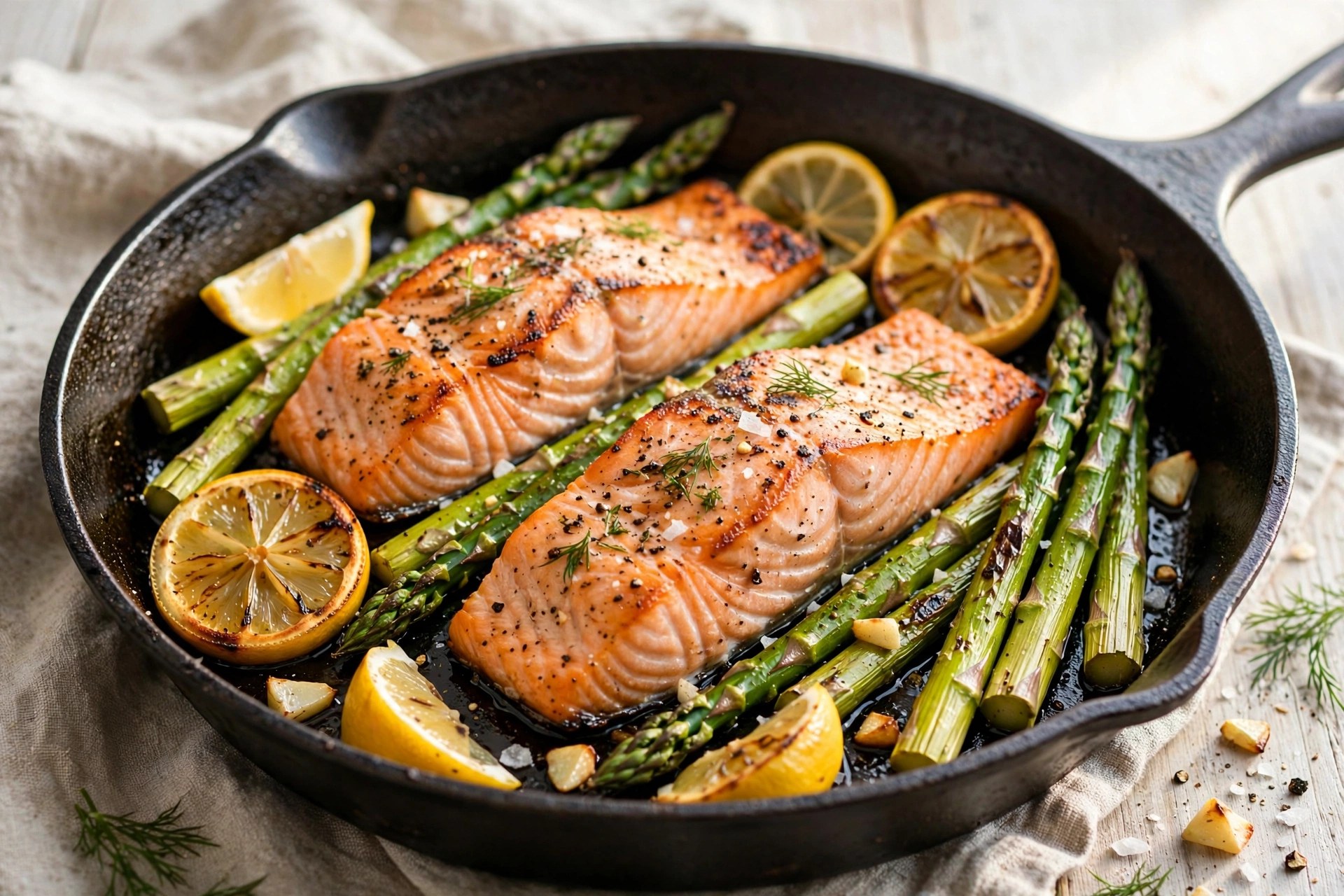 One-pan salmon with roasted asparagus and lemon