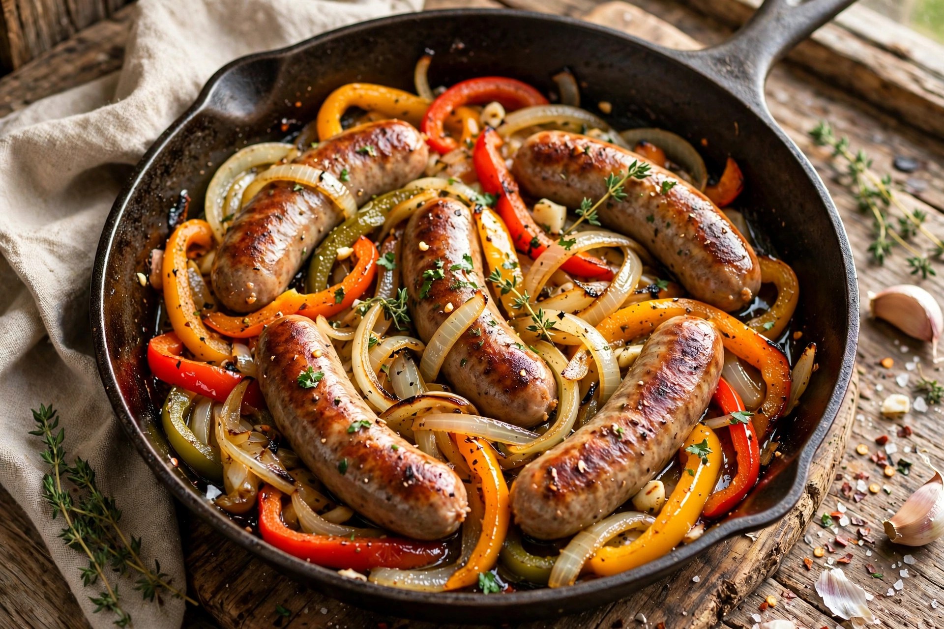 One-pan sausage and peppers with onions
