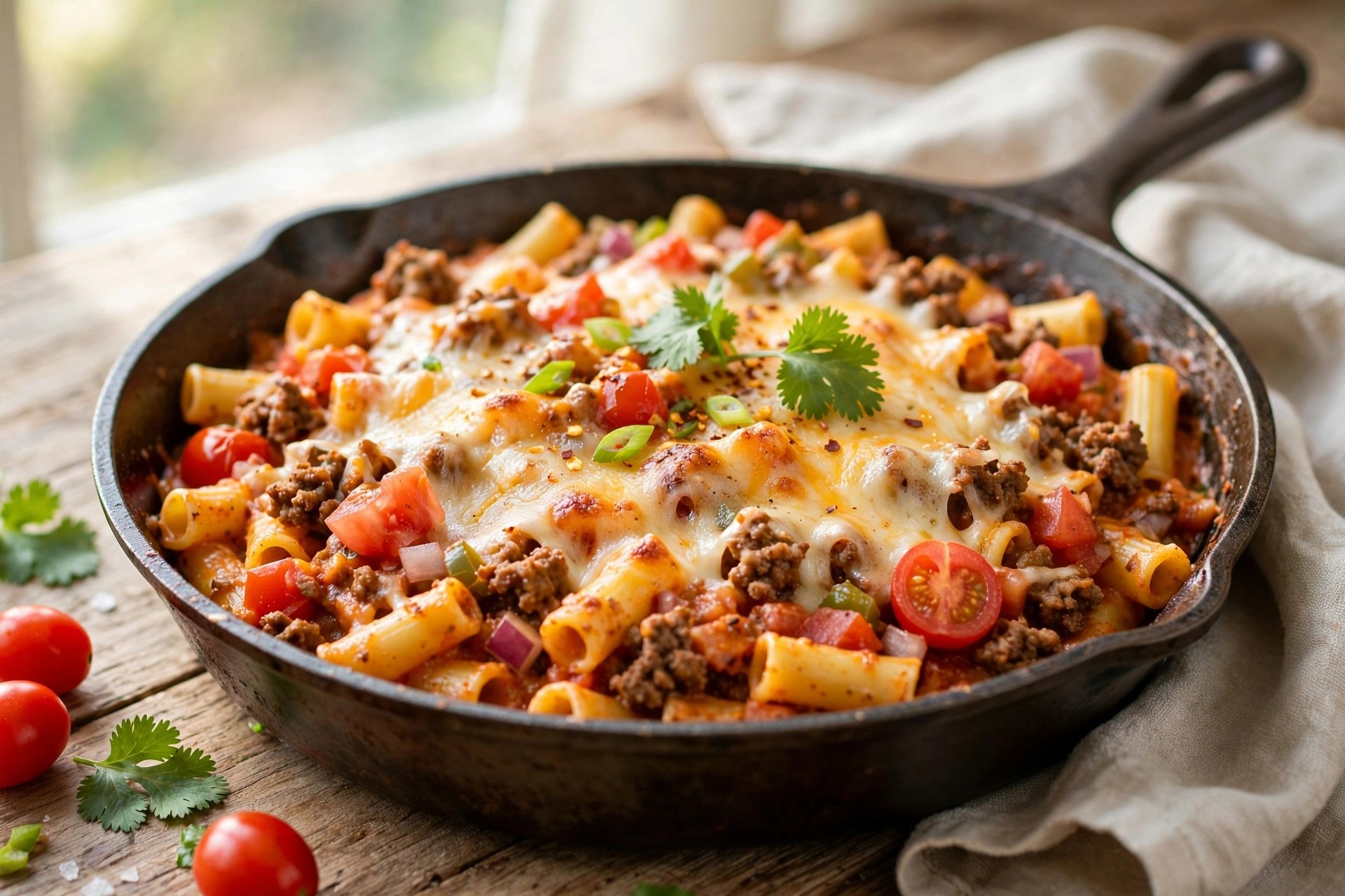 One-pan taco pasta with ground beef and cheese
