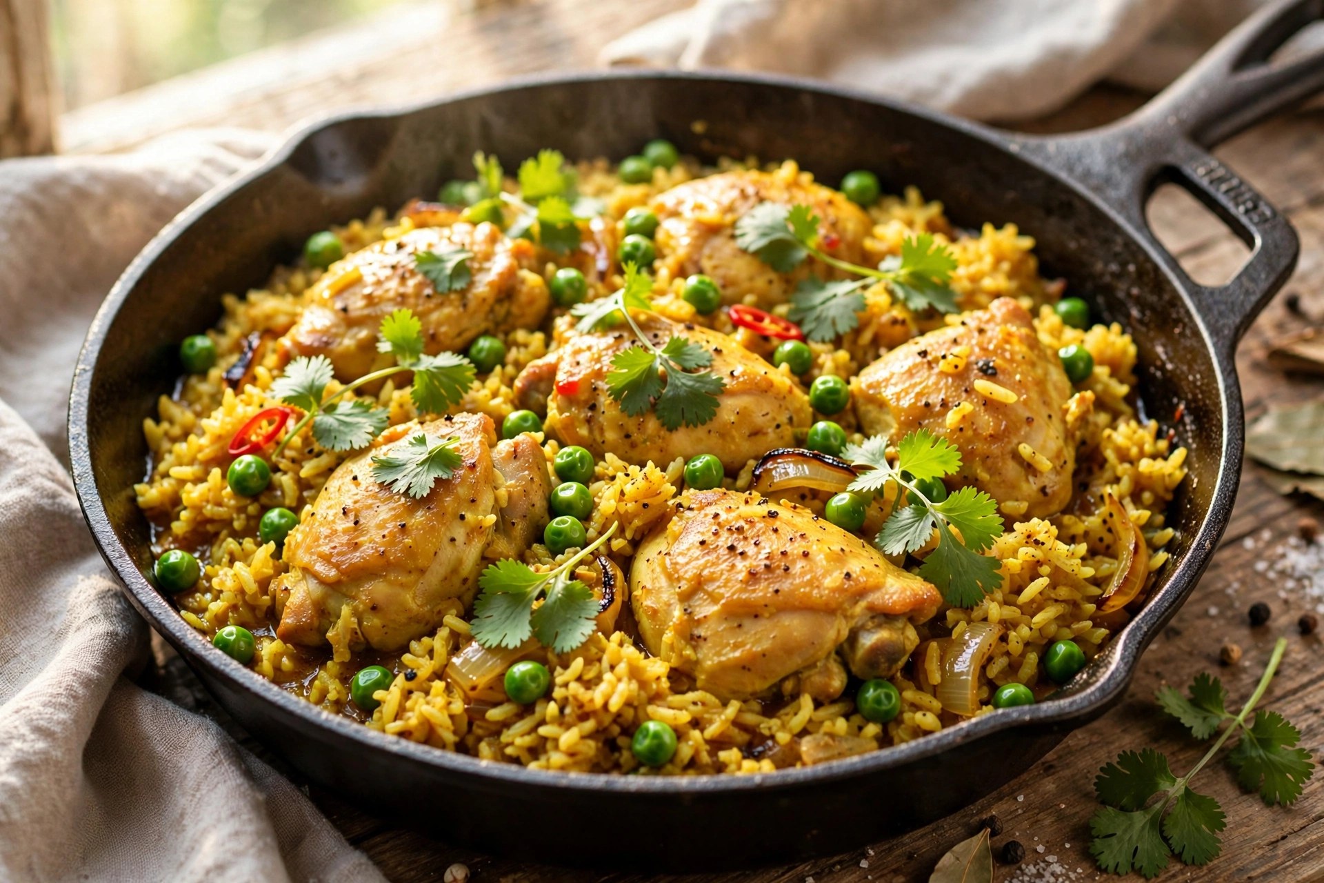One-pan chicken curry rice with peas and cilantro