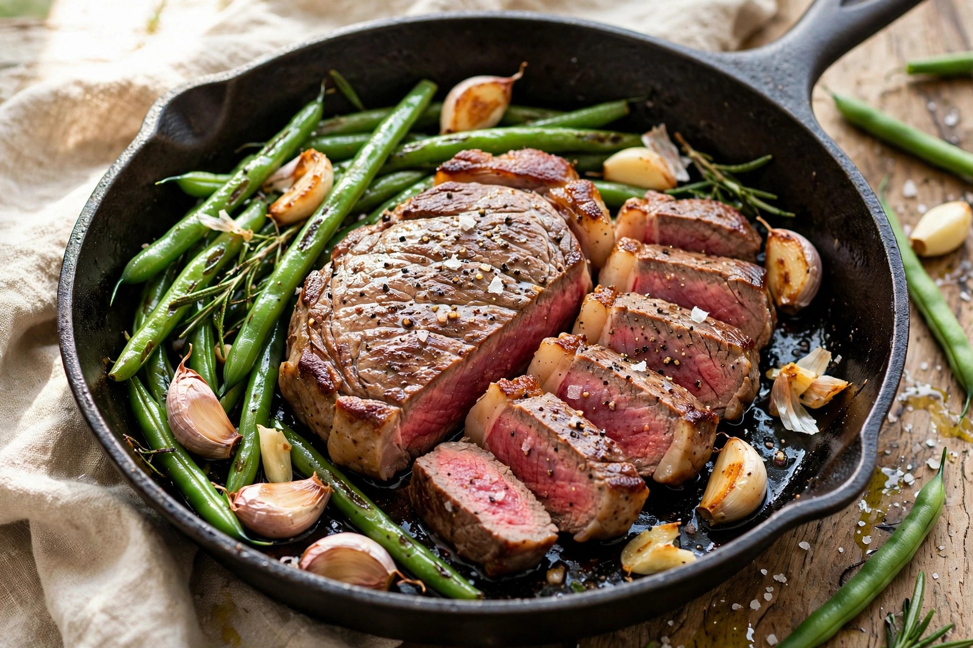 One-pan steak with green beans and garlic