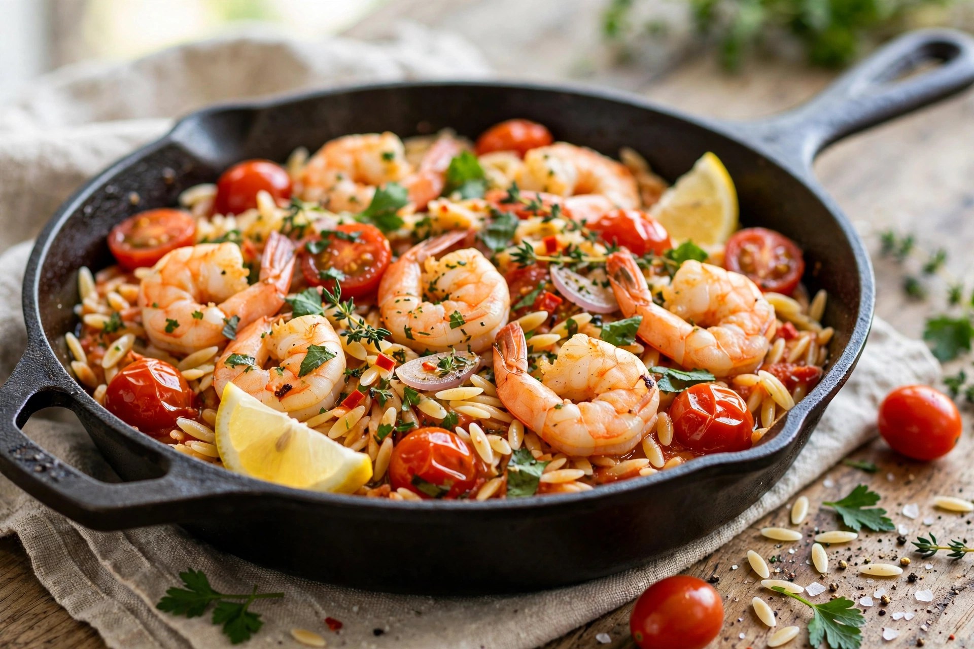 One-pan shrimp and orzo with tomatoes and herbs