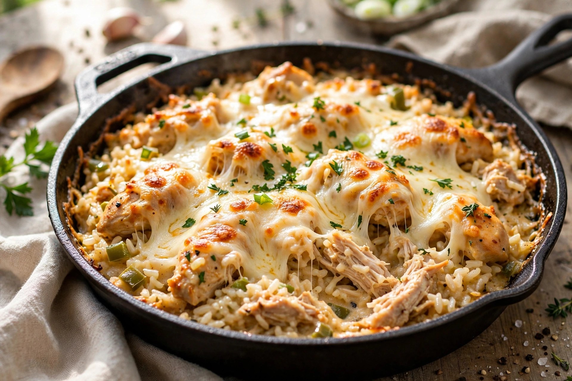 One-pan cheesy chicken and rice with melted cheese