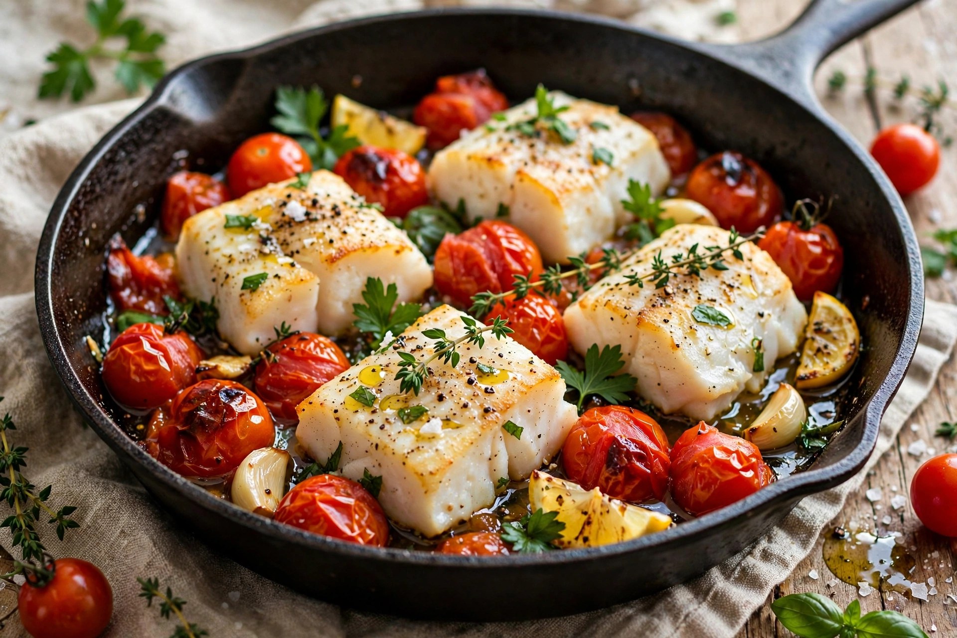 One-pan cod with burst cherry tomatoes and herbs