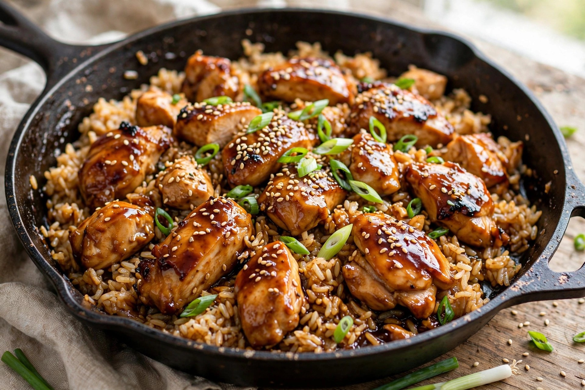 One-pan teriyaki chicken and rice with sesame