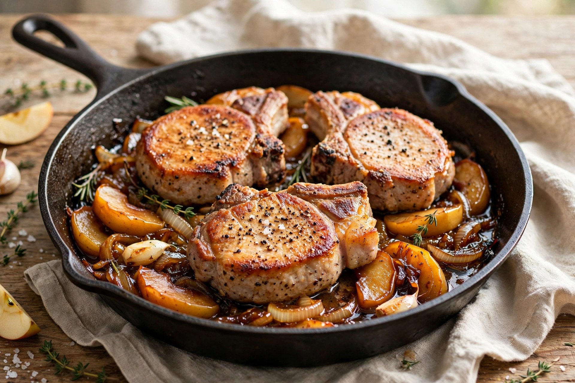 One-pan pork chops with caramelized apples and onions