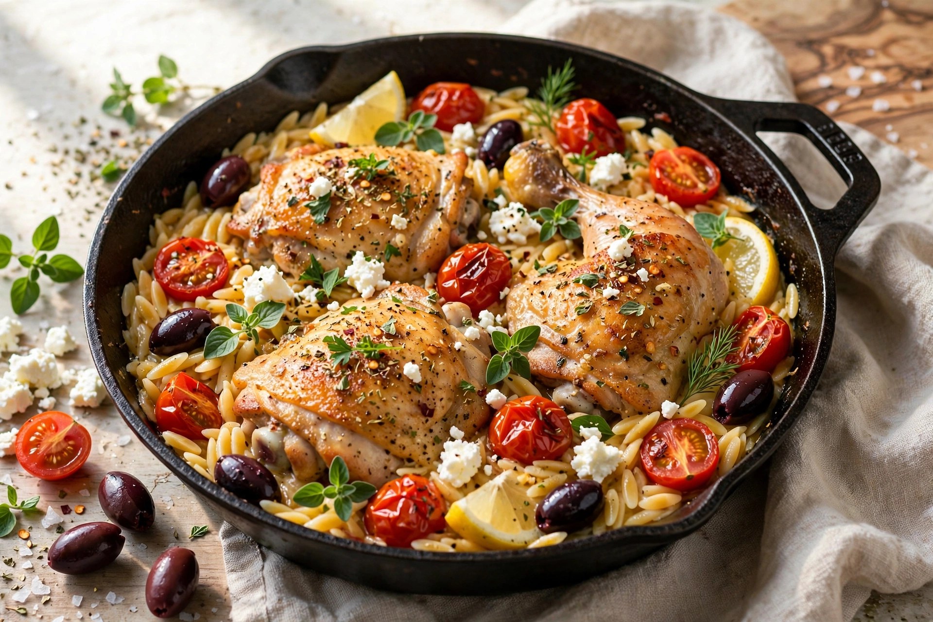 One-pan greek chicken and orzo with olives and feta