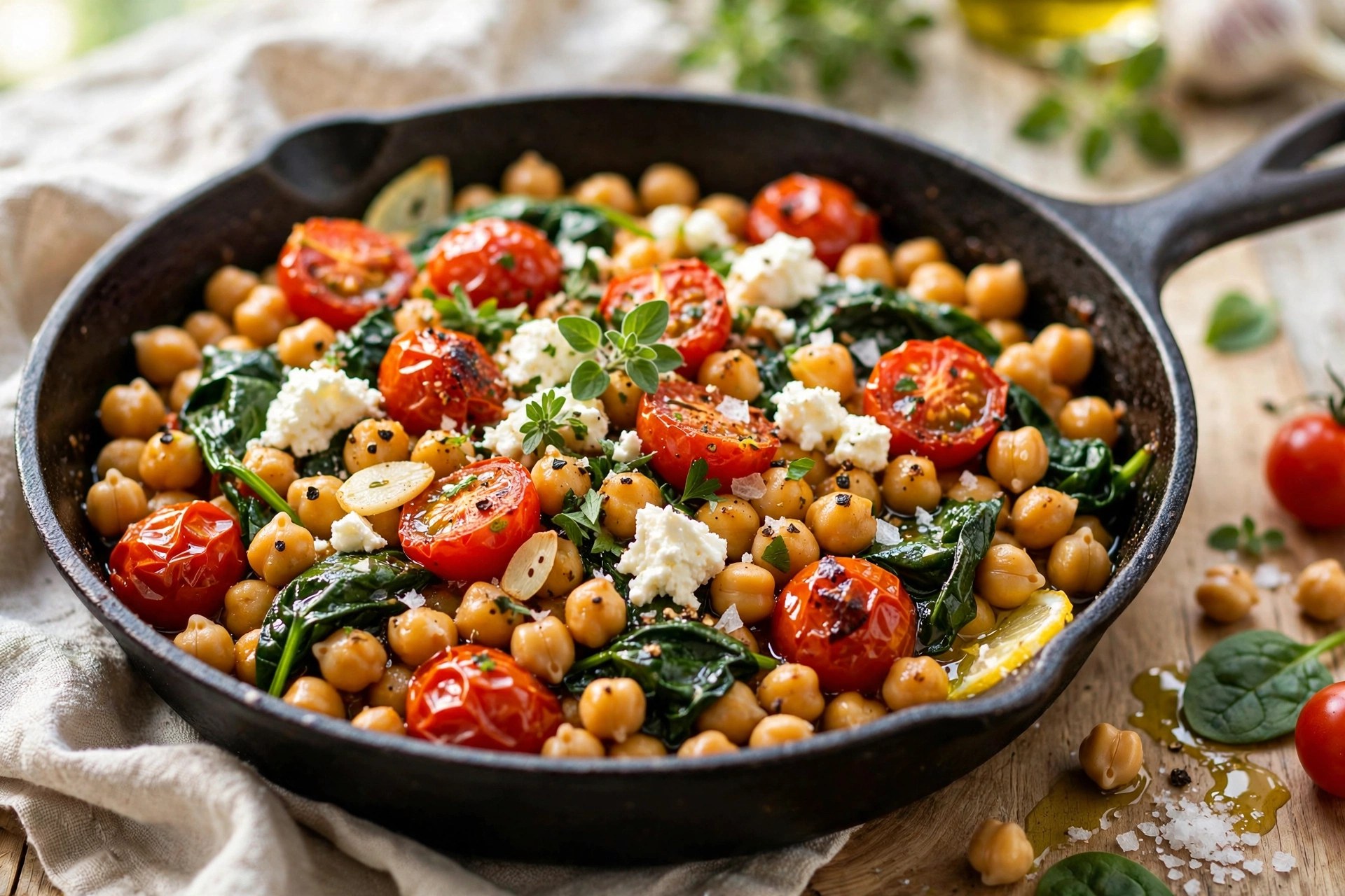 One-pan mediterranean chickpeas with tomatoes and feta
