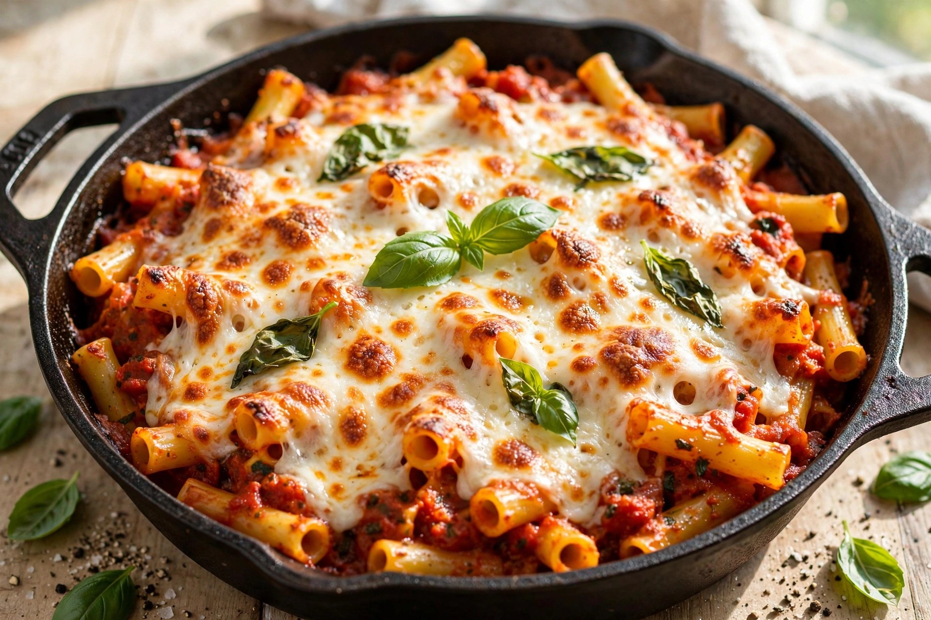 One-pan baked ziti with melted mozzarella and basil