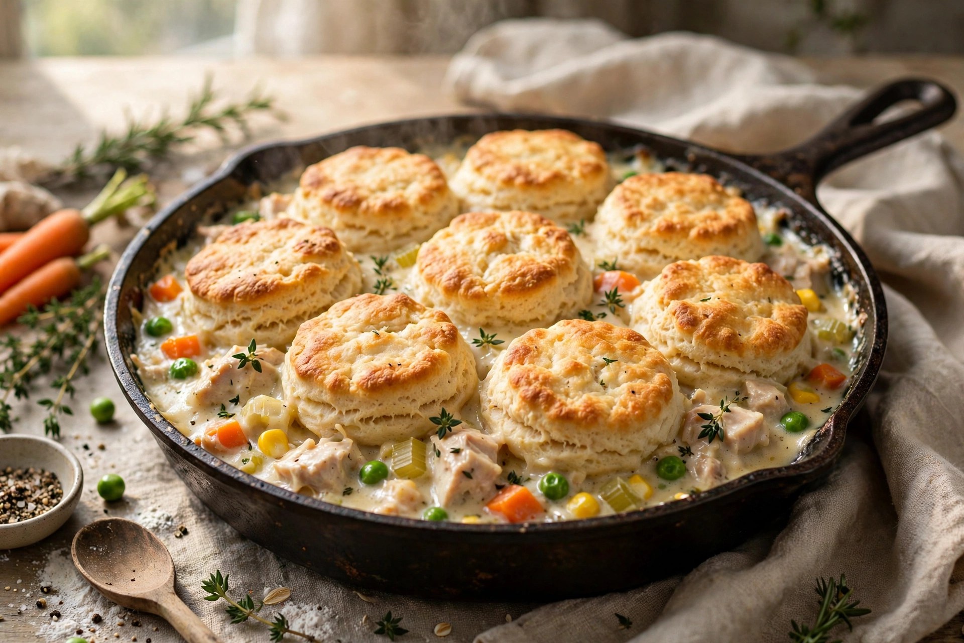 One-pan chicken pot pie skillet with biscuit topping