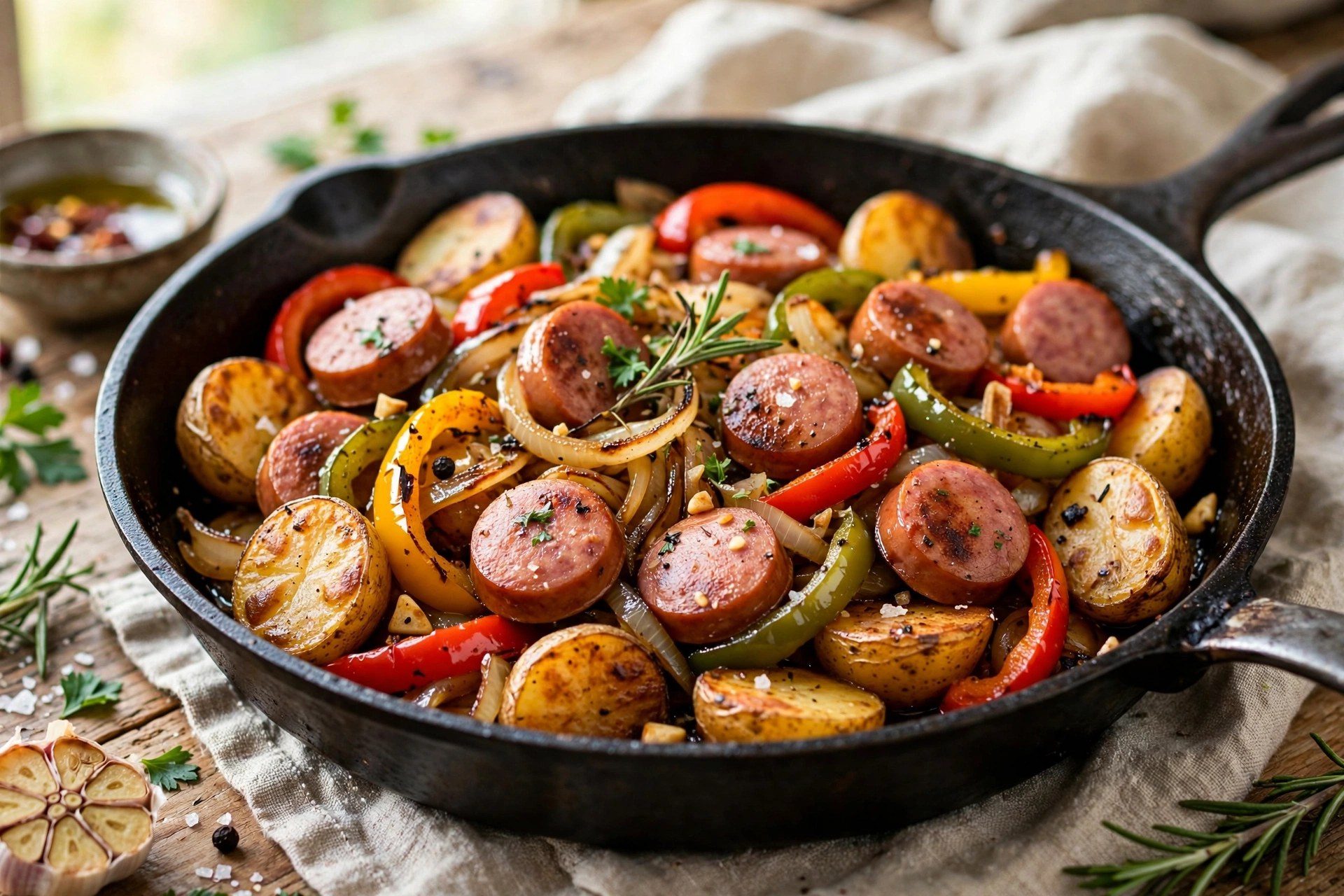 One-pan kielbasa and potatoes with peppers and onions