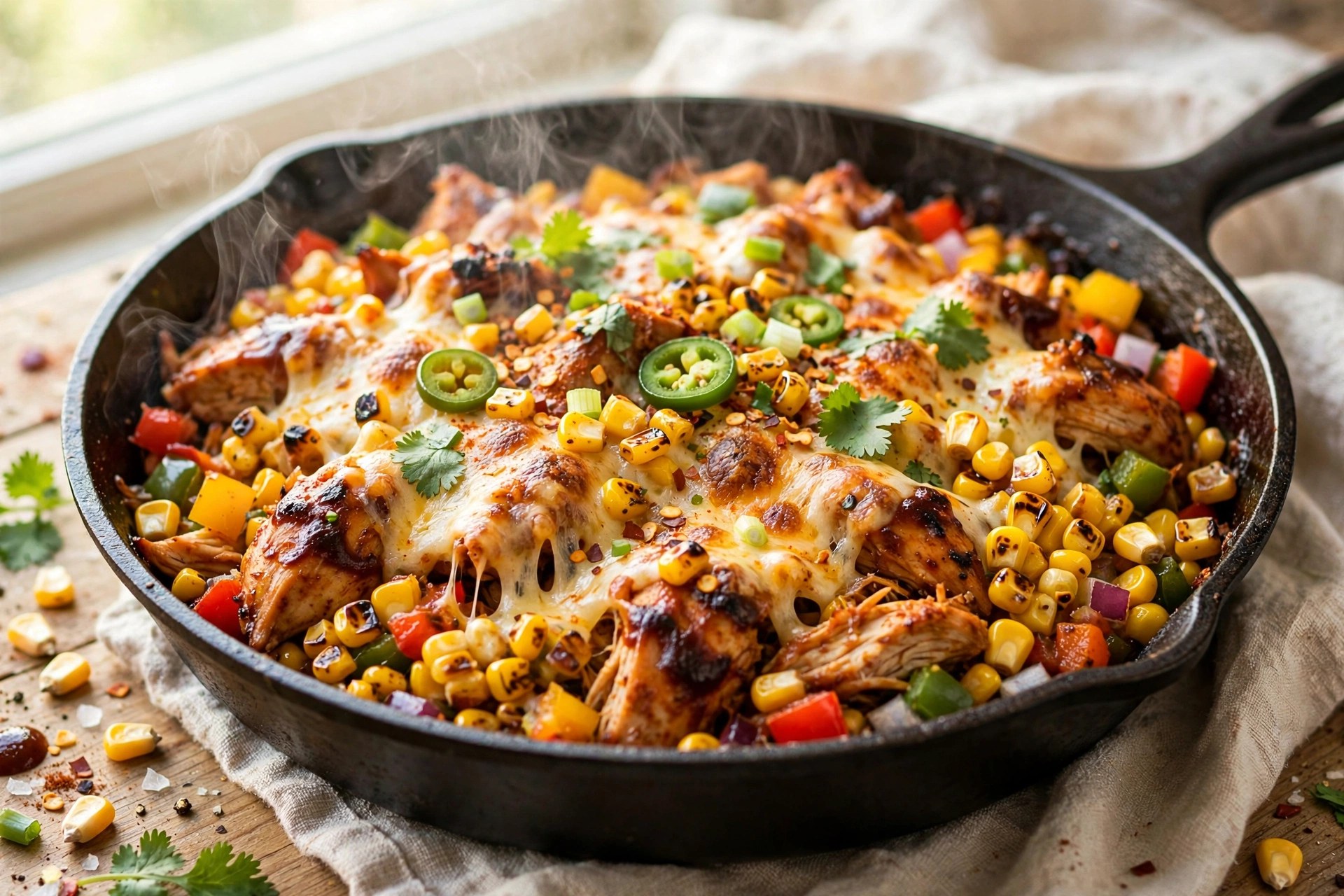 One-pan bbq chicken skillet with corn and melted cheese