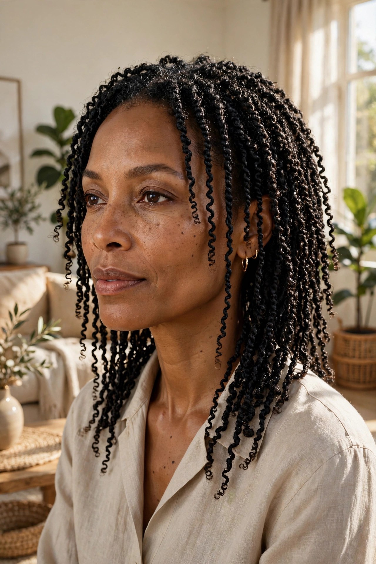 Close view of delicate mini twists on natural hair