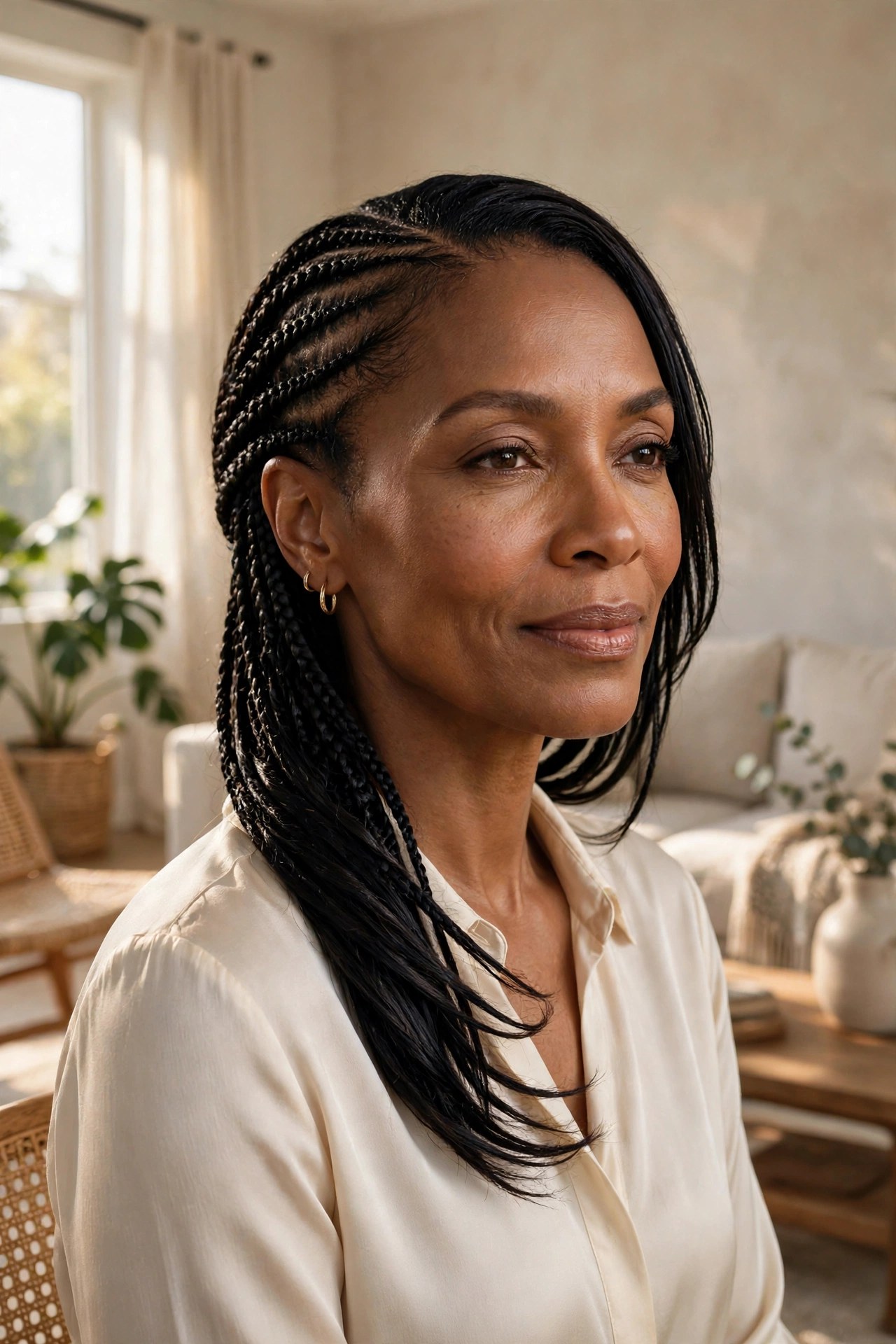 Woman with sleek feed-in cornrows