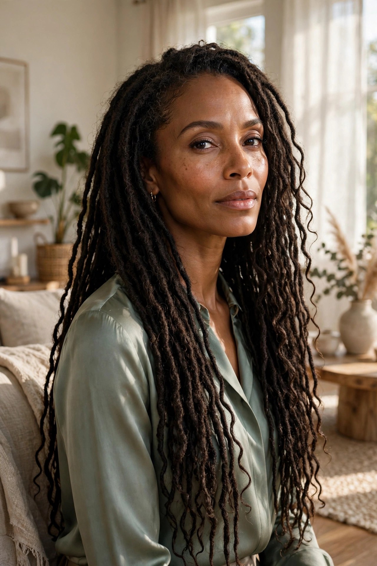 Woman with dramatic waist-length faux locs