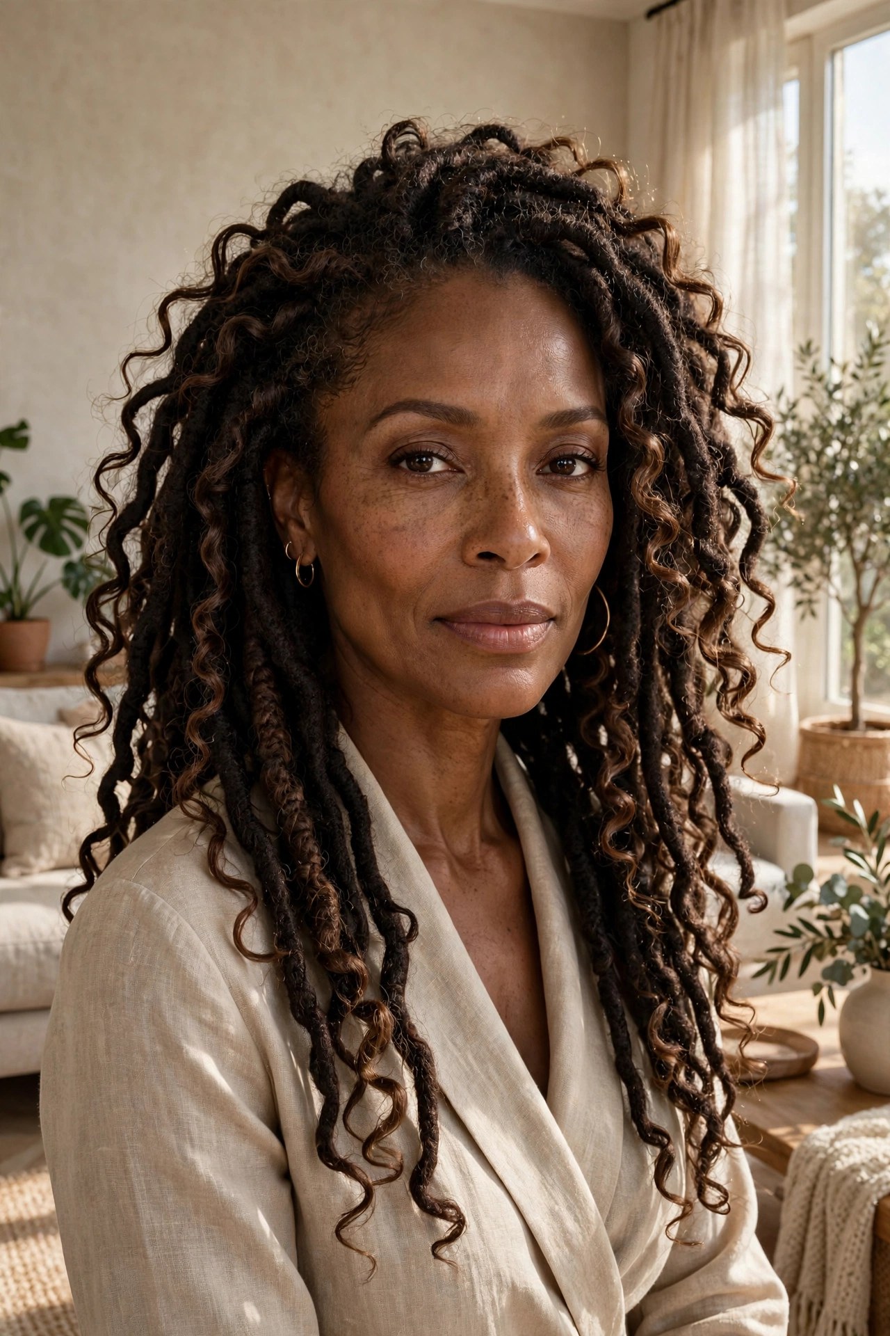 Woman with soft goddess faux locs and curls