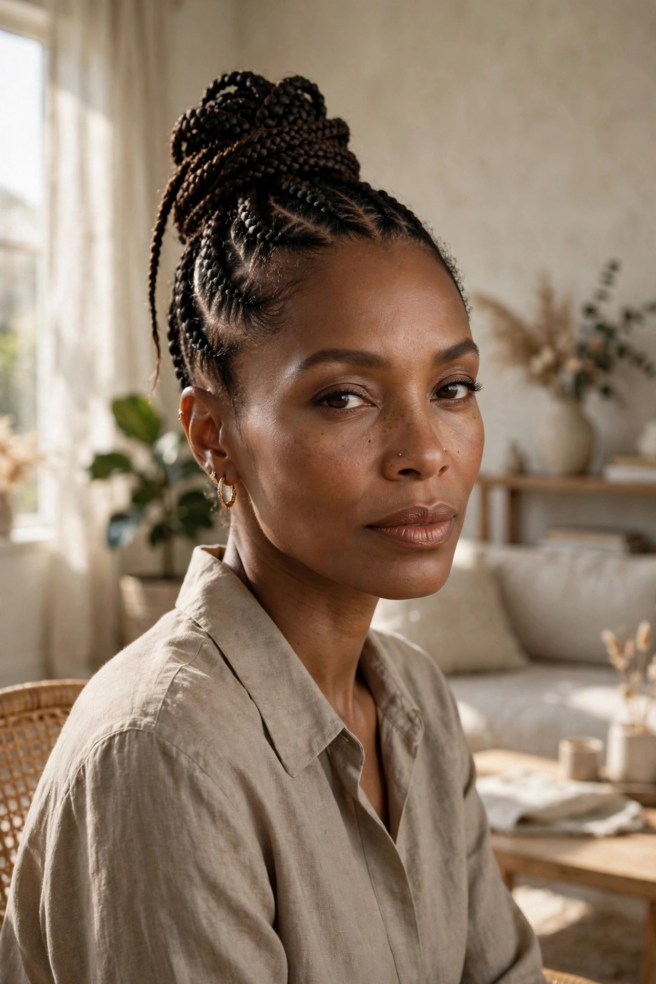Woman with a cornrow updo gathered into a bun