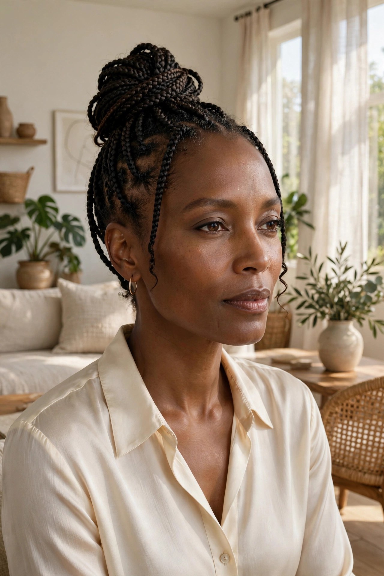 Woman with a braided top knot