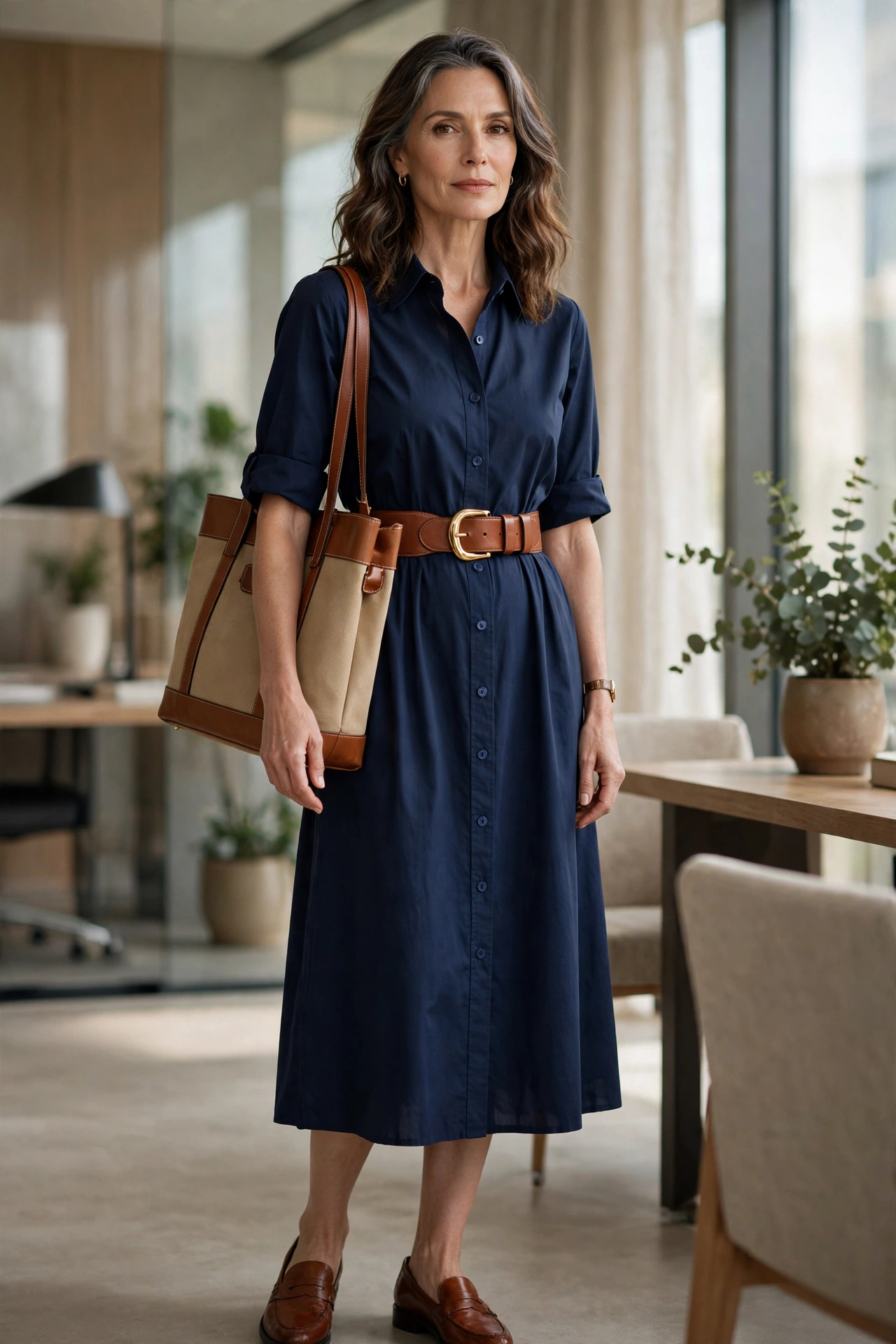 Woman over 50 wearing a navy midi shirt dress with cognac belt and loafers for the office